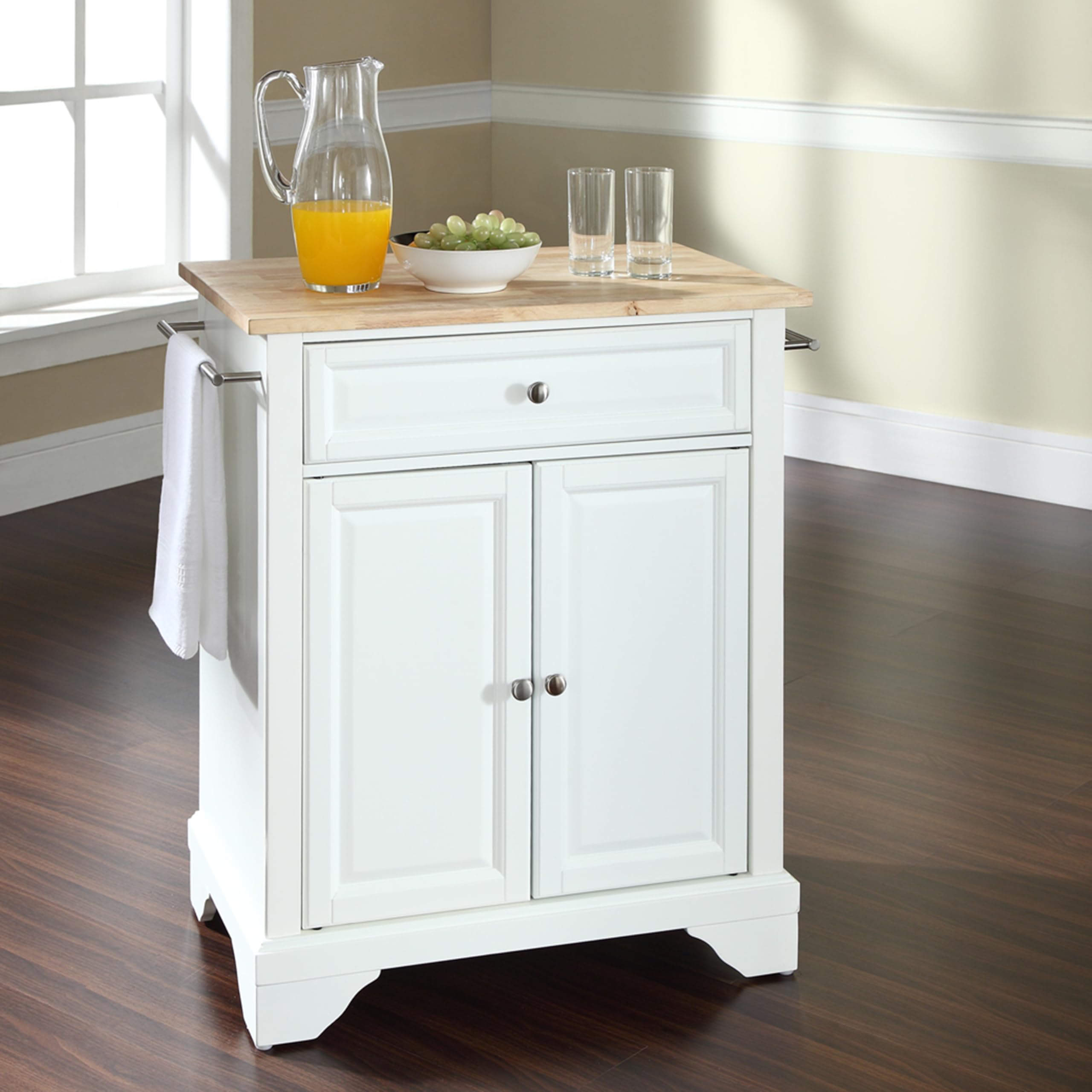 Crosley Lafayette White Wood Top Portable Rolling Kitchen Island Cart - Microwave Stand, Storage Cabinet for Small Spaces | Perfect for Kitchen, Pantry, Laundry Room & Dorm Organization