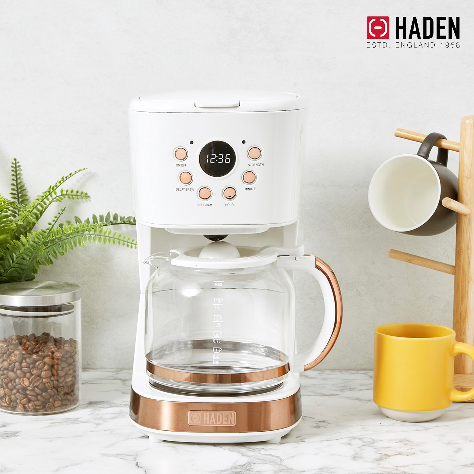 Haden 12 Cup Programmable Drip Coffee Maker with Auto Shut-Off & Reusable Filter - Ivory & Copper Coffee Machine for Home, Office & Kitchen Use