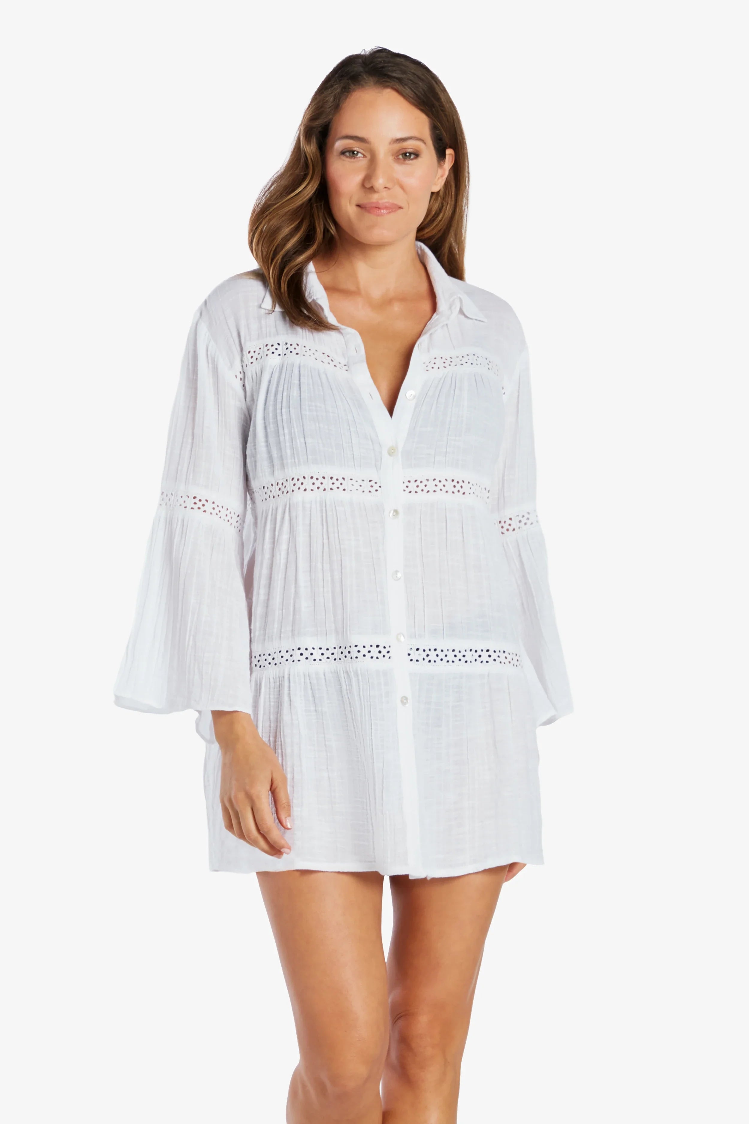 Elegant White Eyelet Trim Dress for Women - Perfect for Summer, Beach, and Casual Outings