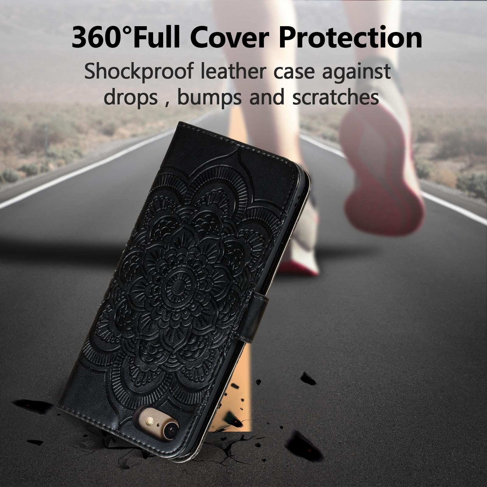 Premium Leather Mandala Flip Wallet Case for iPhone SE/7/8 - Magnetic Stand with Card Slots & Lanyard - Ultra Slim Embossed Cover (Black) - Perfect for Daily Use, Travel & Business Meetings