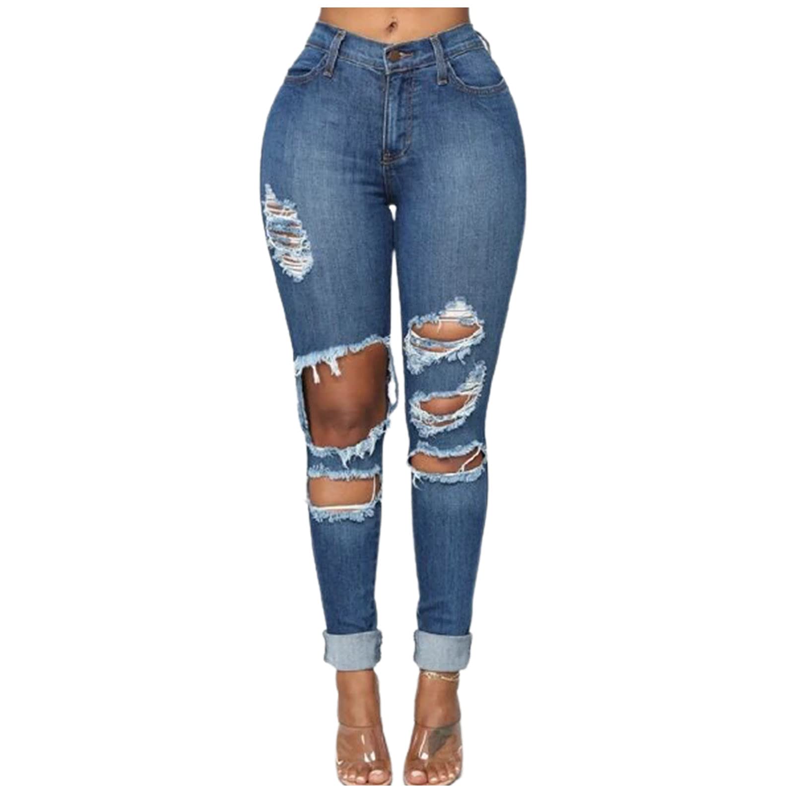Women's Mid Waist Skinny Ripped Jeans - Stretch Denim Pants with Zipper & Distressed Holes for Casual Wear | Perfect for Street Style, Date Night & Everyday Outfits