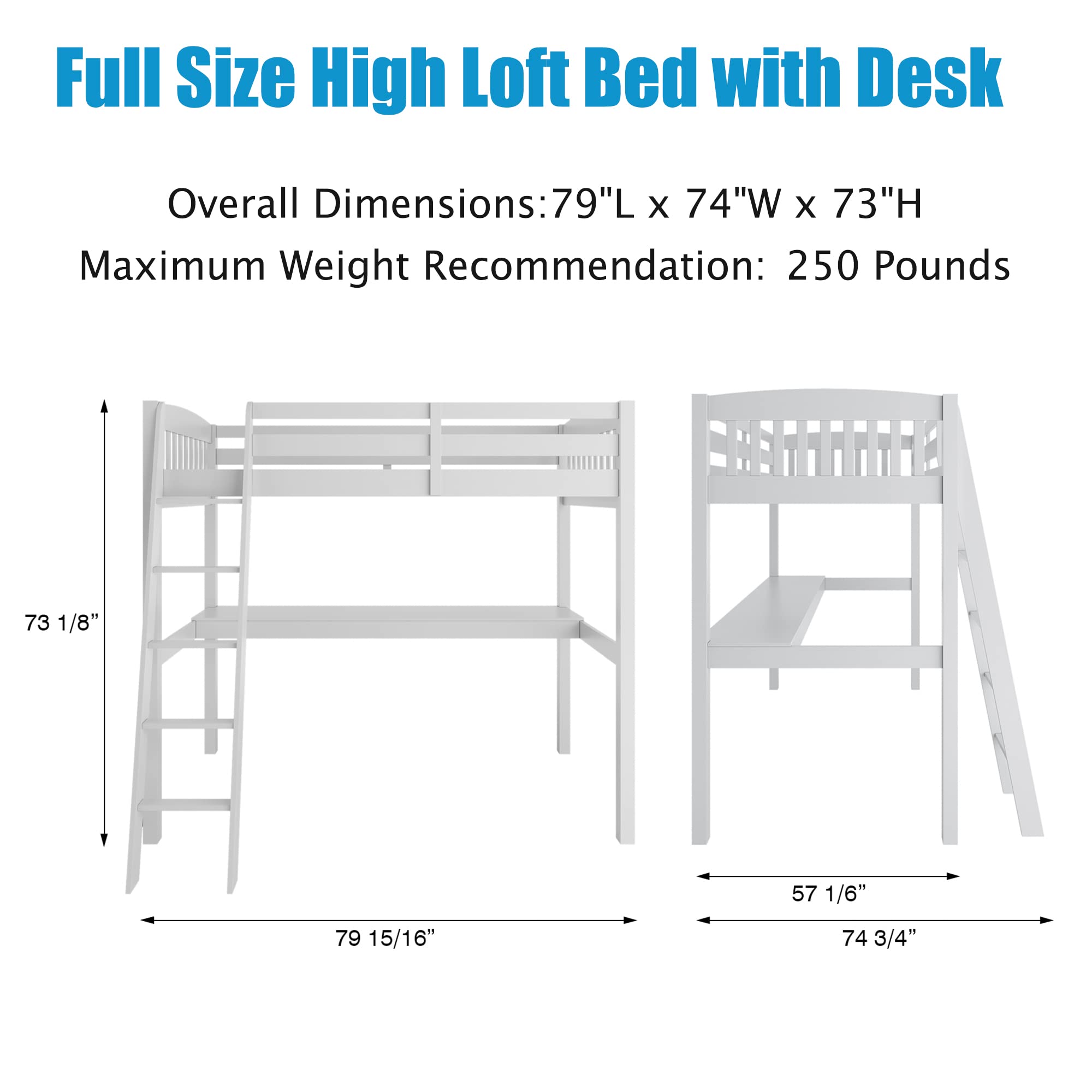 Harper & Bright Designs Full Size Loft Bed with Study Desk - Solid Wood High Loft Bed with Ladder for Kids, Teens & Adults - No Box Spring Needed - White - Perfect for Small Bedrooms, Dorm Rooms & Home Offices
