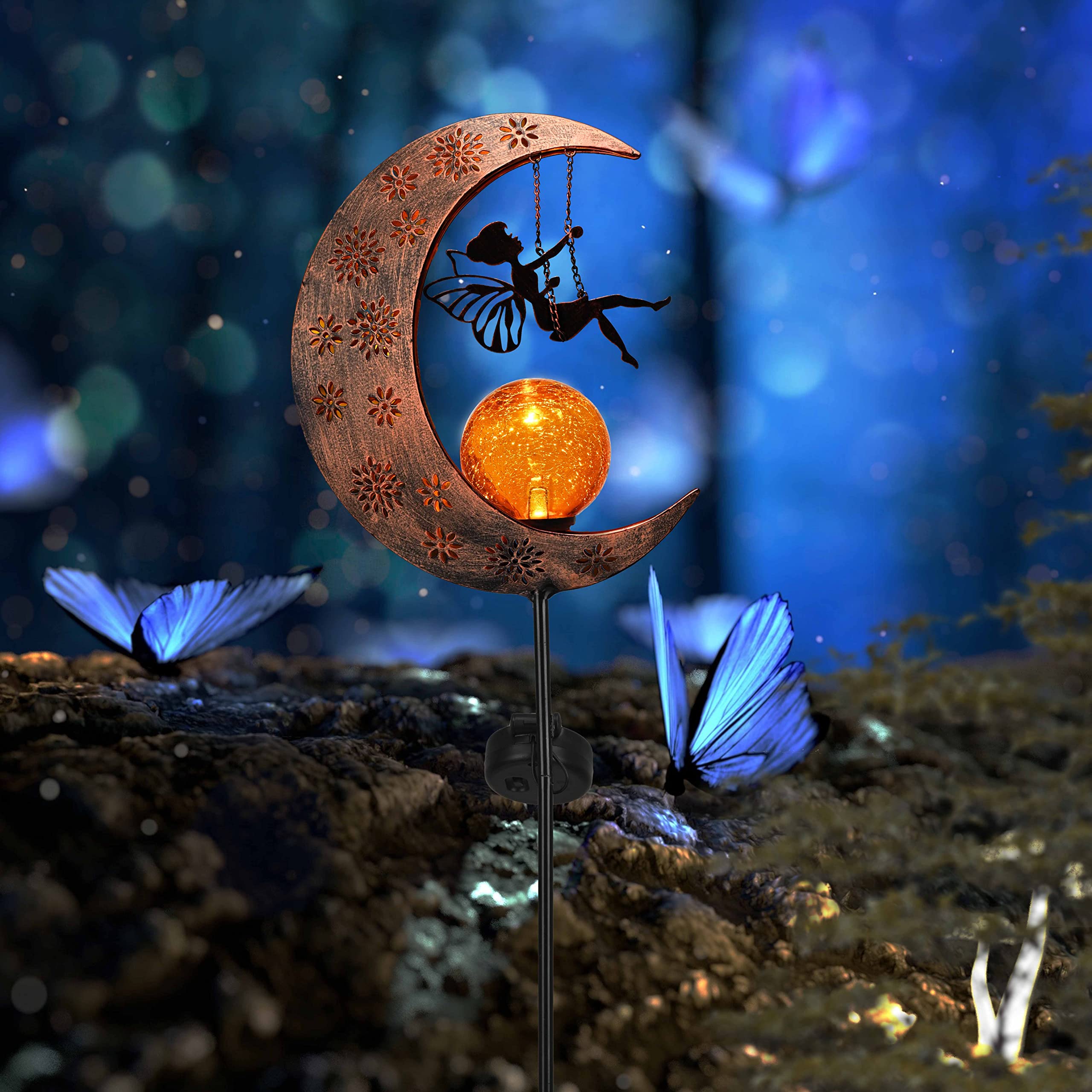 2 Pack Solar Moon Garden Lights - Crackle Glass Ball Metal Stake Lights for Yard, Lawn, Patio Decor | Outdoor Solar Powered Landscape Lighting for Garden, Pathway, Walkway Decoration