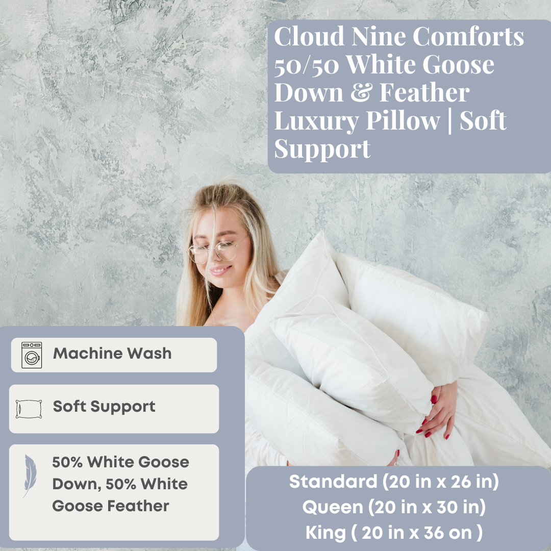 Premium Cloud Nine Comforts 50/50 White Goose Down & Feather Luxury Pillow - Ultra Soft Support for Neck & Shoulder Relief | Perfect for Side Sleepers, Back Sleepers & Hotel-Style Comfort