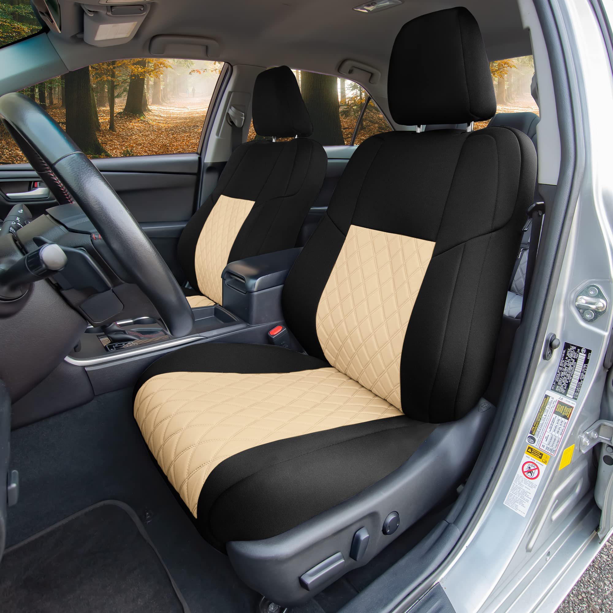 Custom Fit Neoprene Seat Covers for Toyota Camry LE/SE/XSE/XLE (2012-2017) - Waterproof Beige & Black Front Seat Covers | Perfect for Daily Commuting, Road Trips & Protecting Car Interior