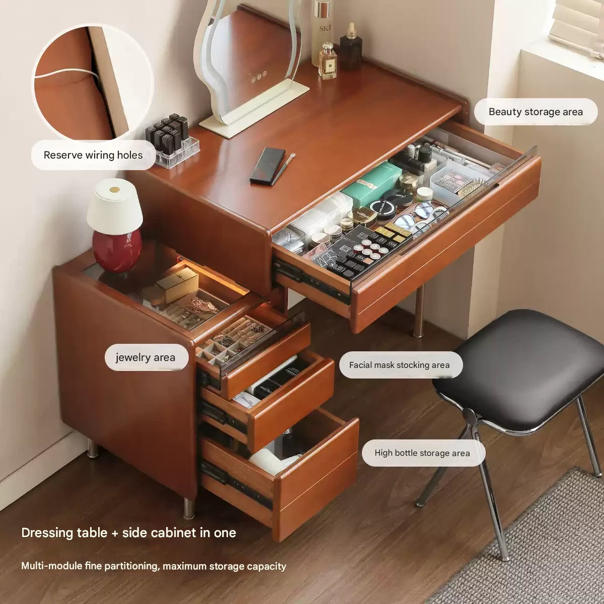 Modern Poplar Solid Wood Bauhaus Dressing Table - Multi-Functional Vanity Desk with Mirror & Storage for Bedroom, Home Office, or Apartment
