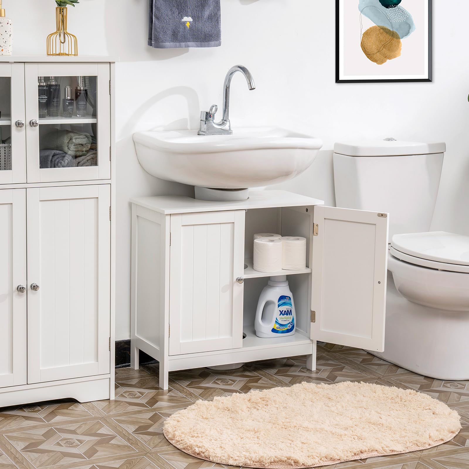 Iwell White U-Shaped Pedestal Sink Storage Cabinet with 2 Doors & Shelf - Under Sink Bathroom Organizer for Small Spaces, Vanity Storage Solution - Perfect for Bathroom, Laundry Room, or Powder Room Organization