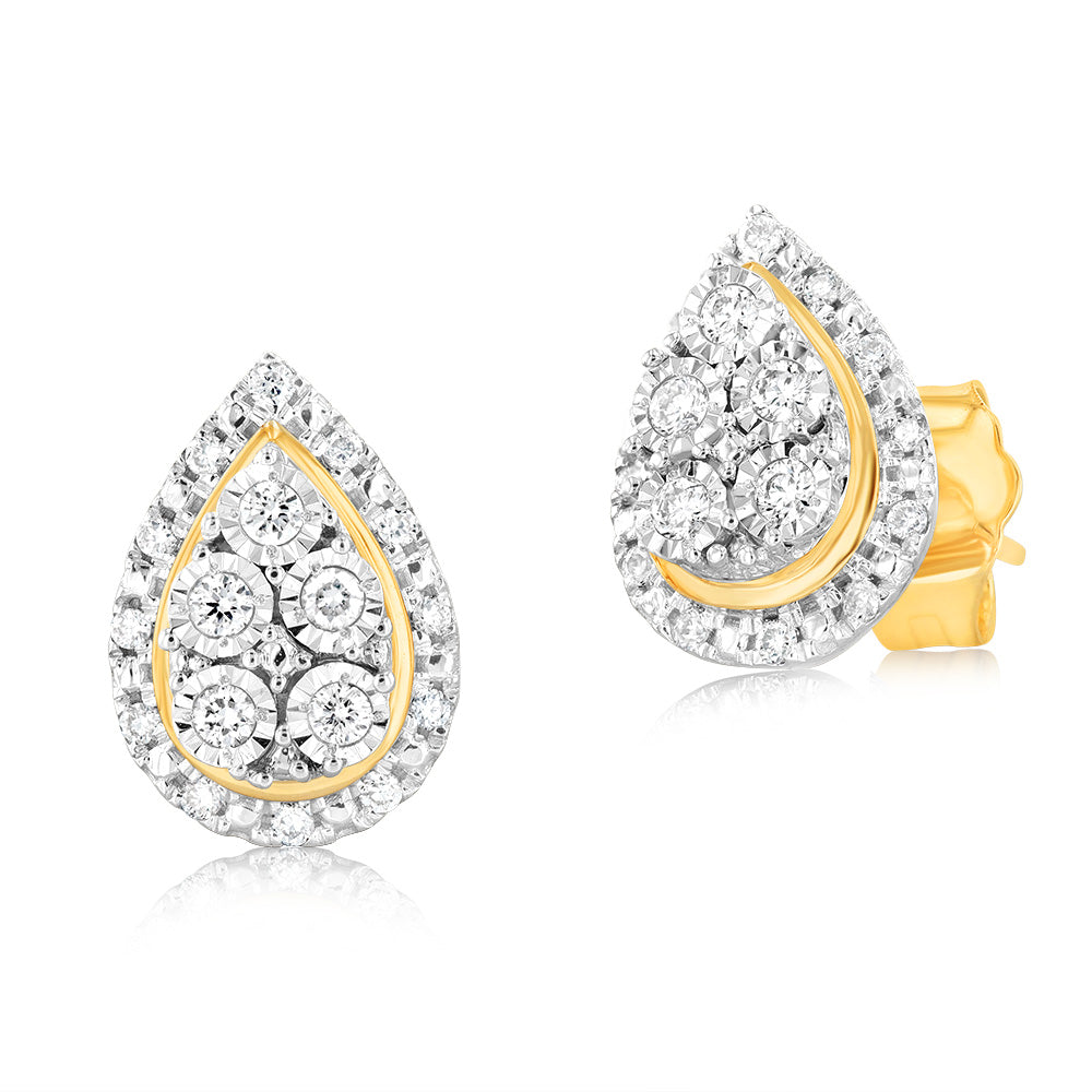 9ct Yellow Gold 1/6 Carat Diamond Pear Stud Earrings for Women - Elegant Dangle Drop Earrings for Wedding, Party & Everyday Wear