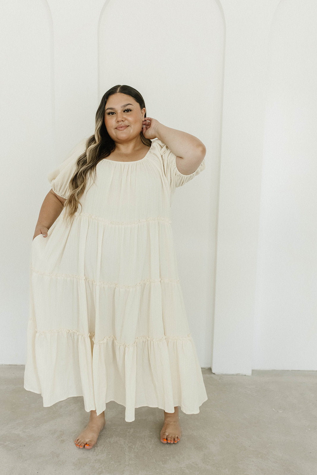 Eva Puffed Sleeve Maxi Dress in Cream - Bump Friendly Maternity Dress with Inclusive Sizing (S-3XL) | Perfect for Weddings, Baby Showers & Summer Vacations