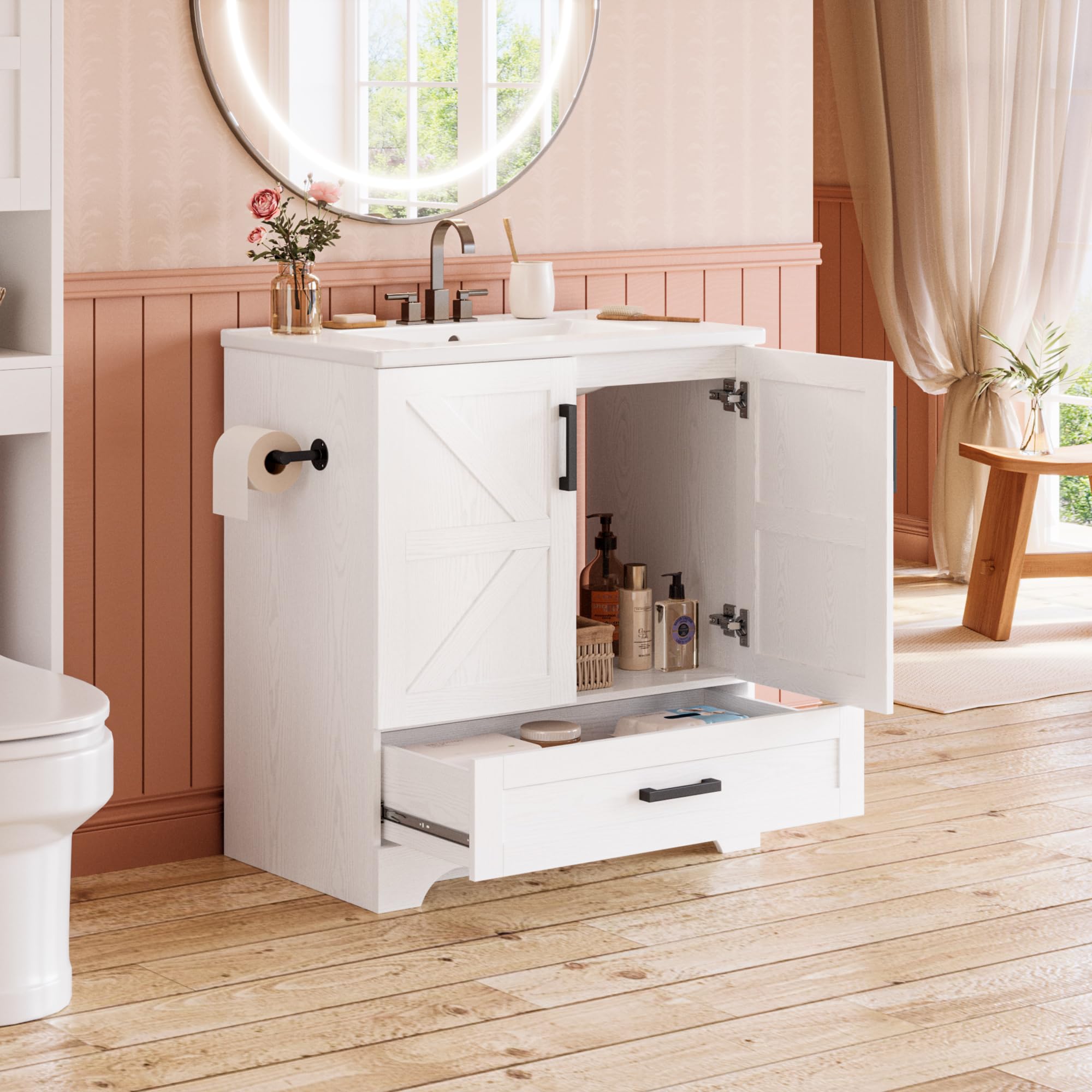 IRONCK 30 Inch Farmhouse Bathroom Vanity with Sink & Drawer - Easy to Assemble Bathroom Sink Cabinet for Modern Farmhouse, Rustic or Traditional Bathroom Decor | Perfect for Master Bath, Guest Bath or Powder Room