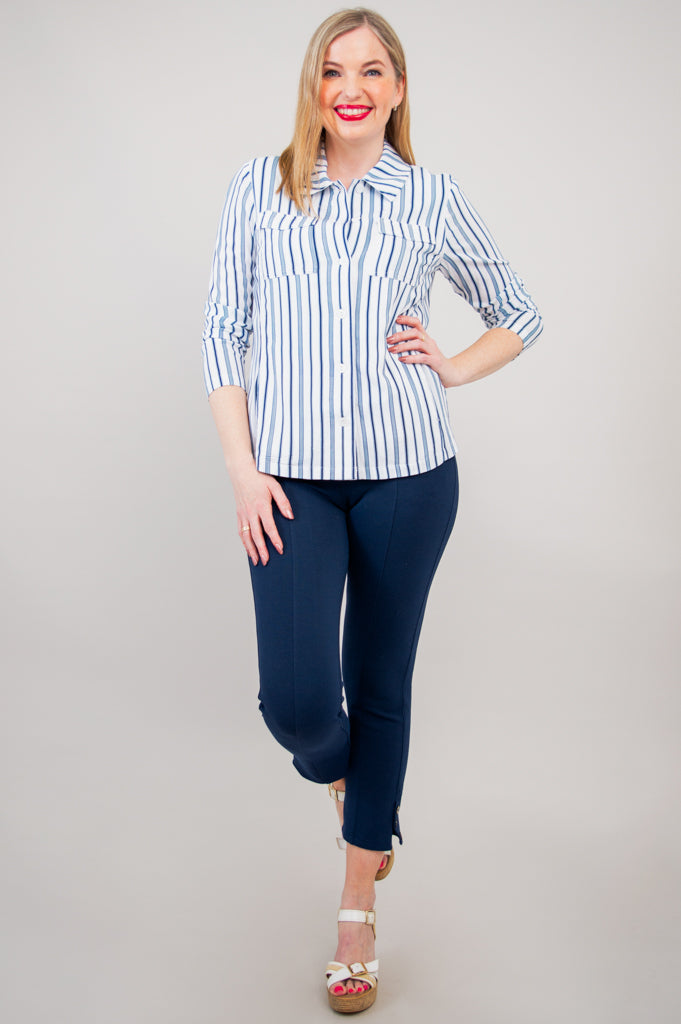 Lauren Jacket for Women - Indigo Stripe Linen Bamboo Blend Lightweight Cardigan - Perfect for Spring, Summer & Casual Office Wear