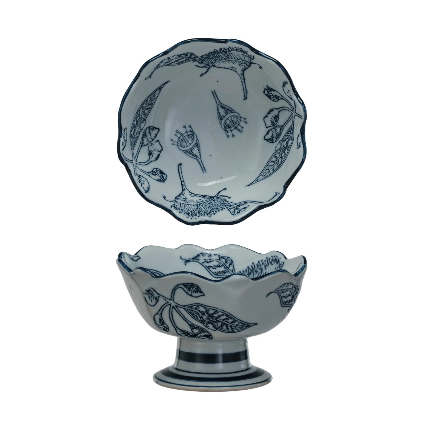 Handmade Blue and White Stoneware Footed Bowl - Elegant Serving Dish for Salads, Desserts, and Home Decor