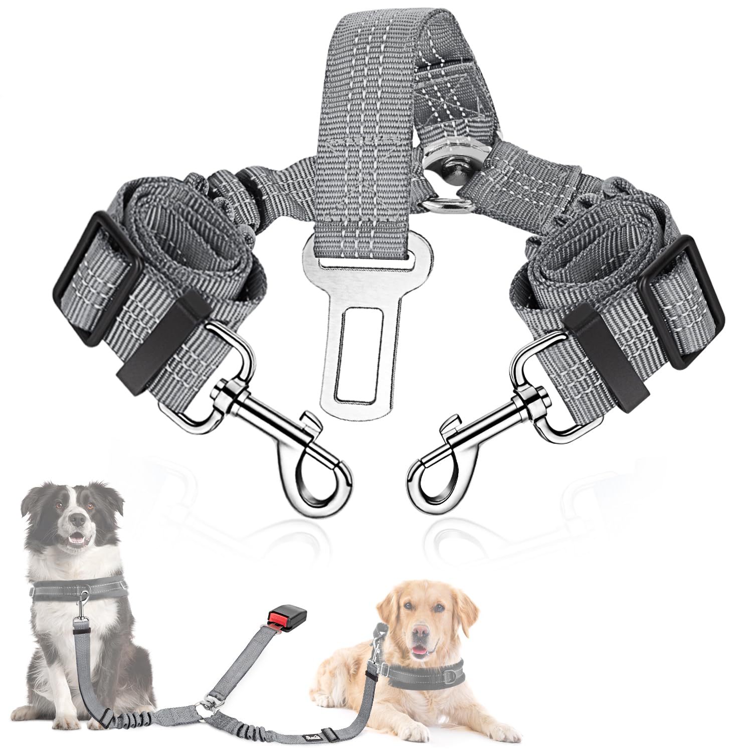 SlowTon Adjustable Double Dog Seat Belt - Y-Shape No Tangle Vehicle Safety Leash with Elastic Bungee Buffer & Reflective Strips - Medium Grey Pet Car Harness for Safe Road Trips & Daily Commutes