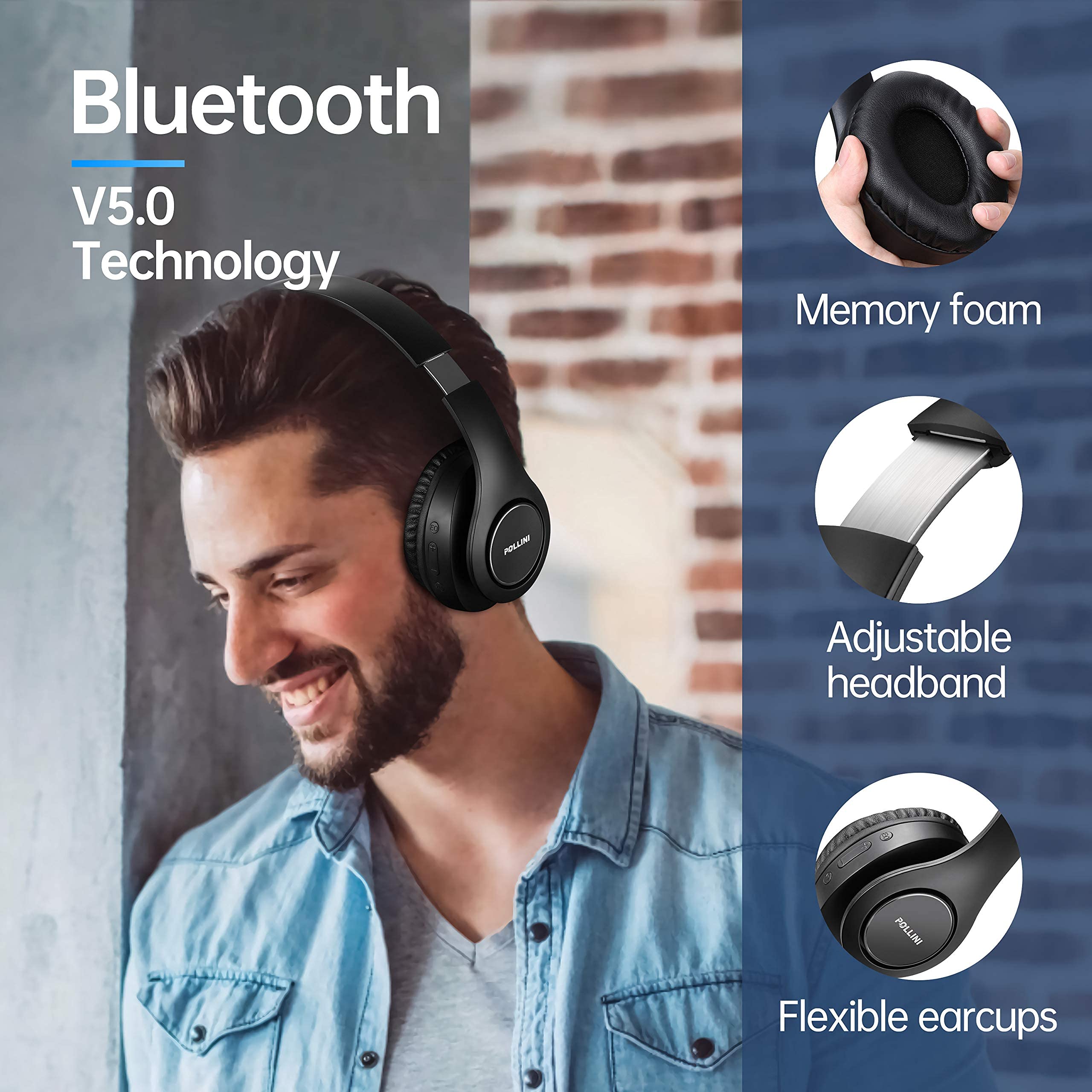 Pollini Bluetooth Headphones Wireless - 40H Playtime Over Ear Headphones with Mic, Deep Bass Stereo & Memory-Protein Earmuffs for Phone/PC/TV/Gaming/Travel - Foldable Design (Black)