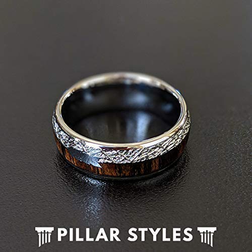 Tungsten Meteorite Wedding Band for Men - 8mm Koa Wood Ring with Arrow Inlay - Durable Meteorite & Wood Anniversary Gift for Him - Perfect for Outdoor Adventures, Weddings & Special Occasions