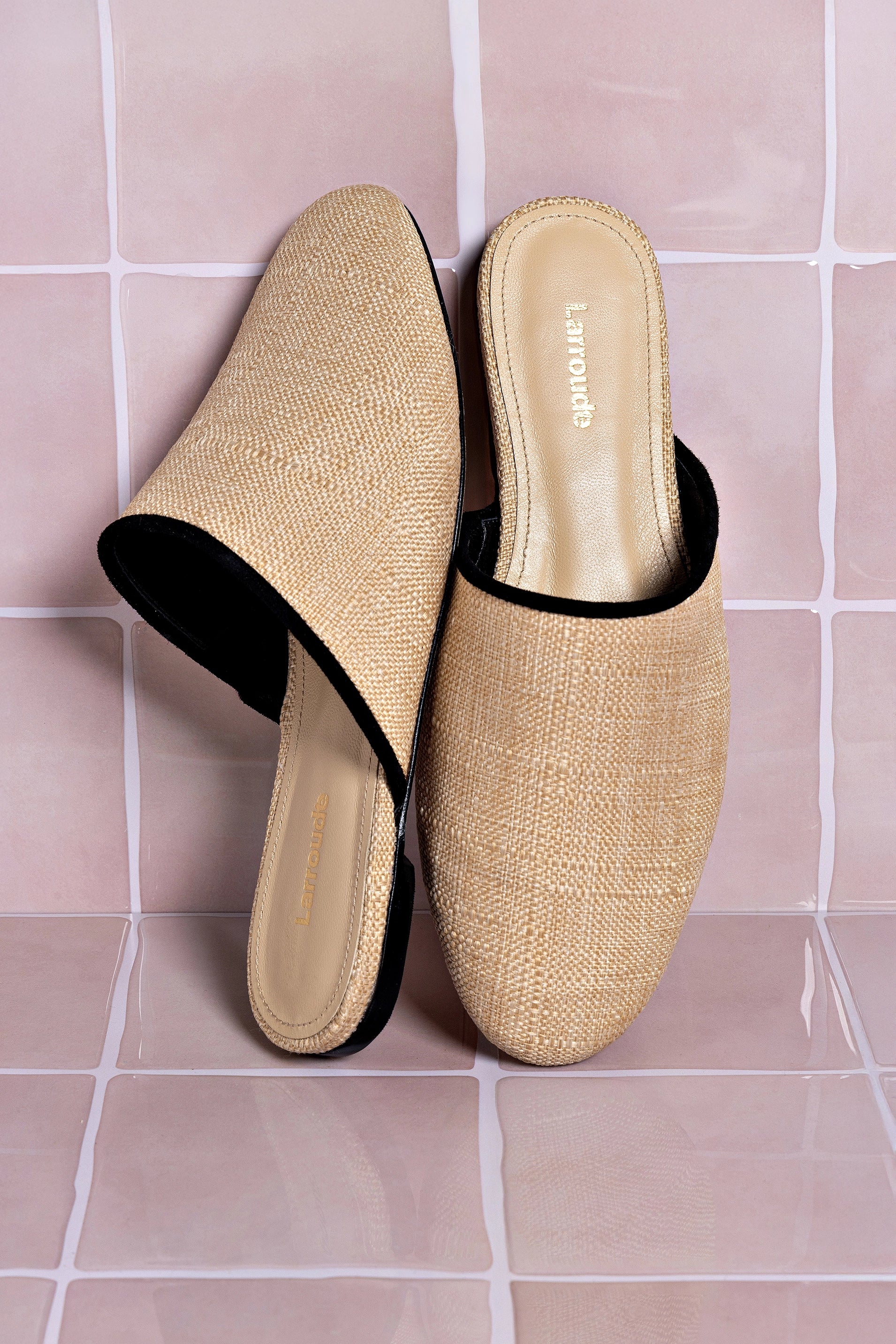 Venice Flat Mule Sandals - Beige Raffia with Black Trim | Comfortable Summer Slides for Women | Perfect for Beach, Vacation & Casual Outings
