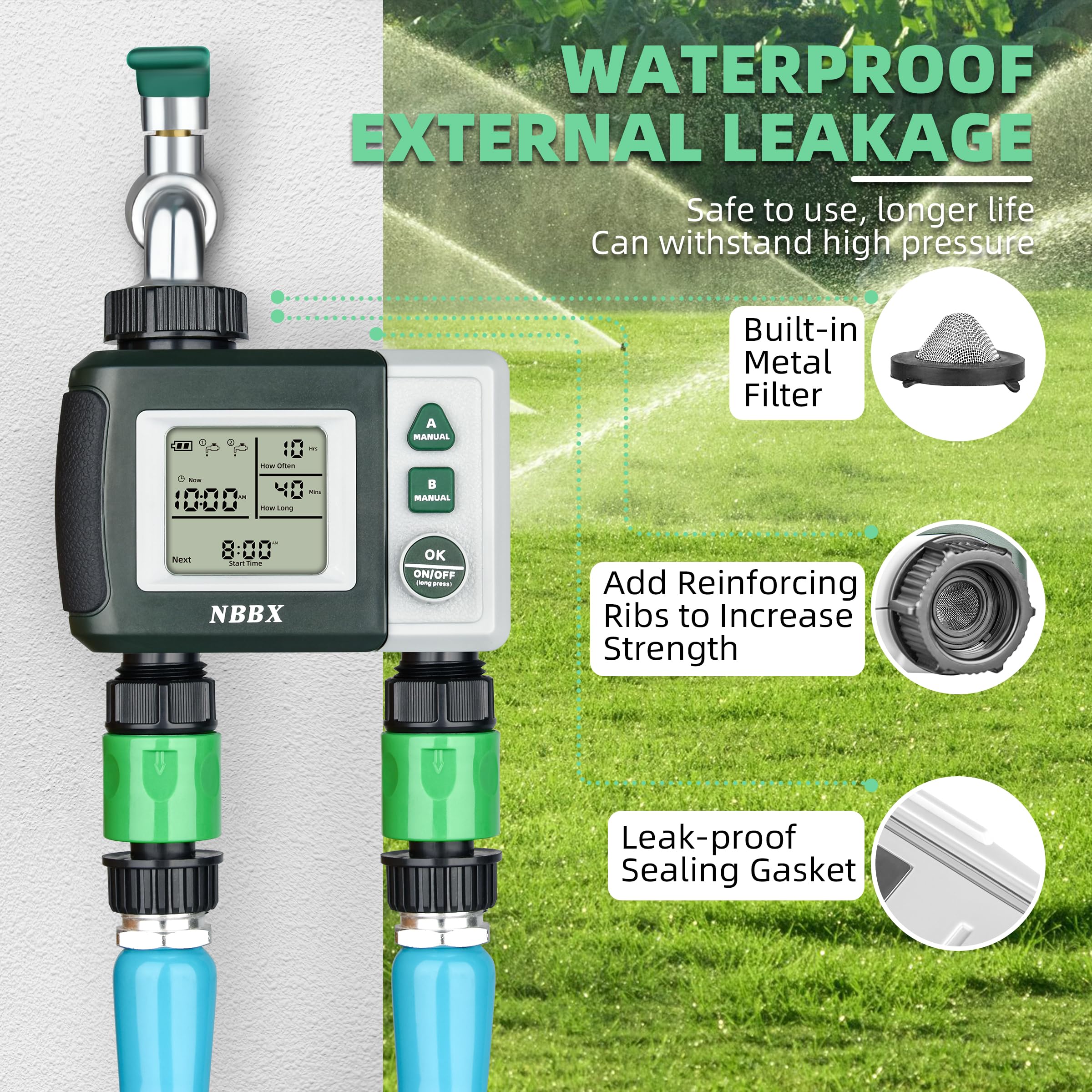 Programmable 6830G Sprinkler Hose Watering Timer - Automatic/Manual Garden Irrigation System with 2 Outlets (Green) | Perfect for Lawn, Flower Beds & Vegetable Gardens