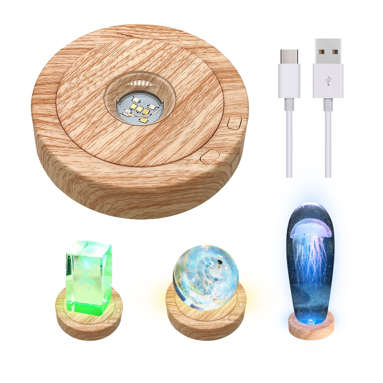 Wooden LED Light Base - Round USB-Powered Display Stand with 7 LED Lights for Crystal, Glass & Resin Art - Perfect for Home Decor, Gift Displays & Craft Showcases