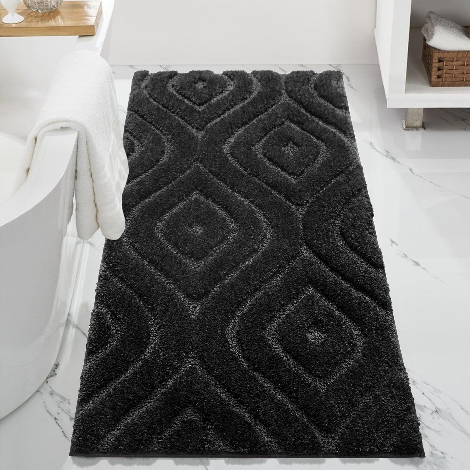 Non-Slip 24x60 Long Bathroom Rug Runner - Soft Washable Large Bath Mat for Bathroom, Bedroom, Hallway & Kitchen Floor - Modern Boho Decor Carpet - Perfect for High-Traffic Areas & Cozy Home Decor (Black)