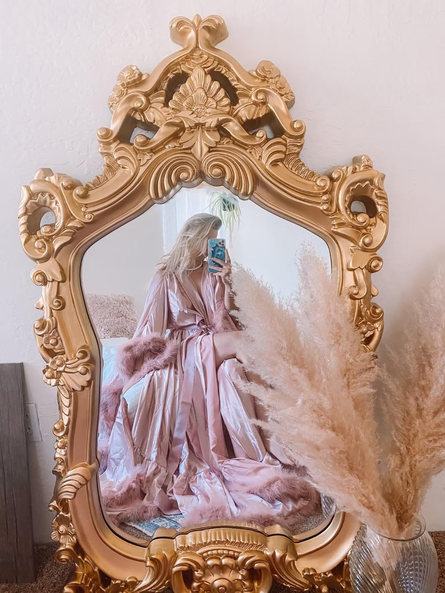 Yinyyinhs Women's Sexy Feather Bridal Robe - Silk Satin Long Nightgown & Bathrobe - Elegant Sleepwear & Maternity Gown for Wedding, Boudoir Photoshoot & Honeymoon