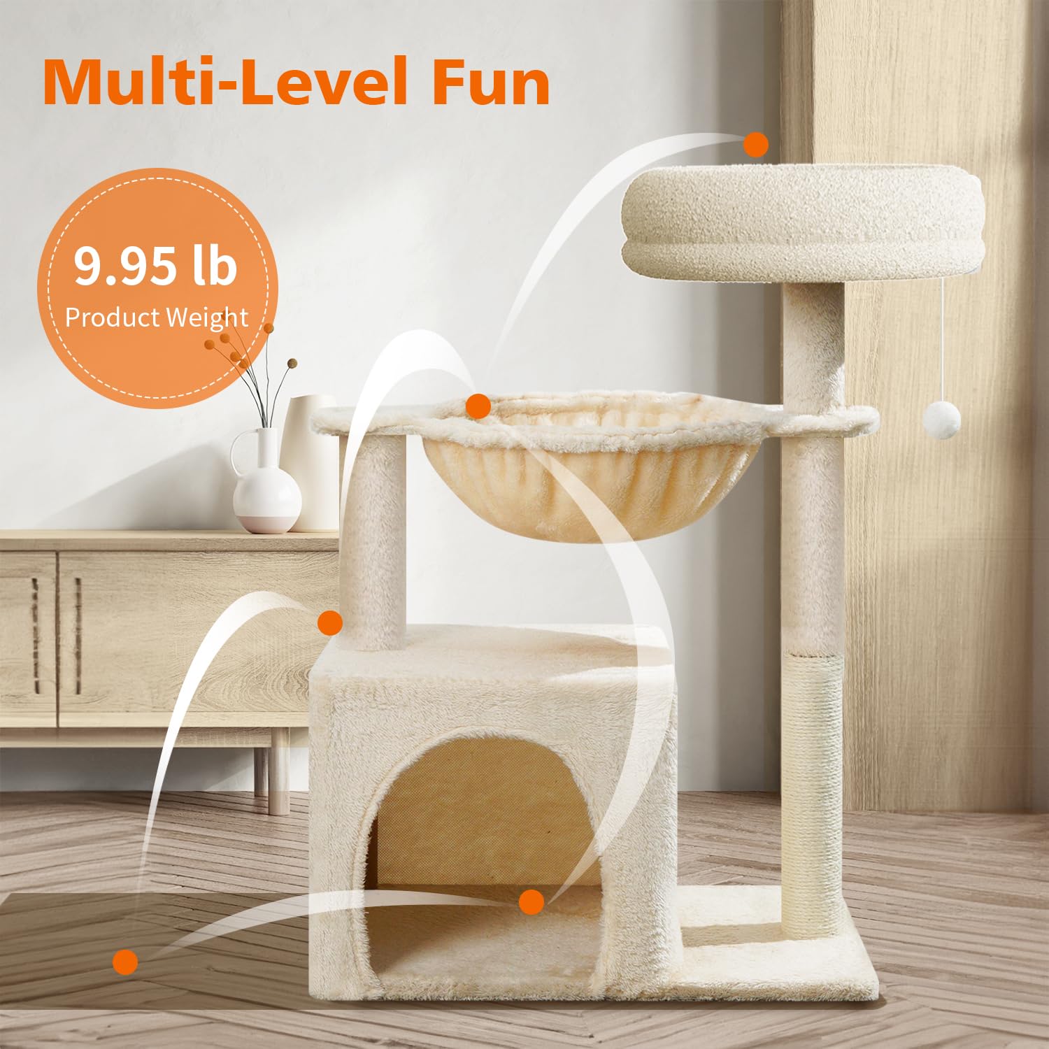 28in Small Cat Tree Tower with Multi-Level Perches, Hammock & Sisal Scratching Post - Indoor Climbing Activity Condo with Fun Toys for Kittens & Small Cats | Perfect for Apartments, Living Rooms & Pet Play Areas
