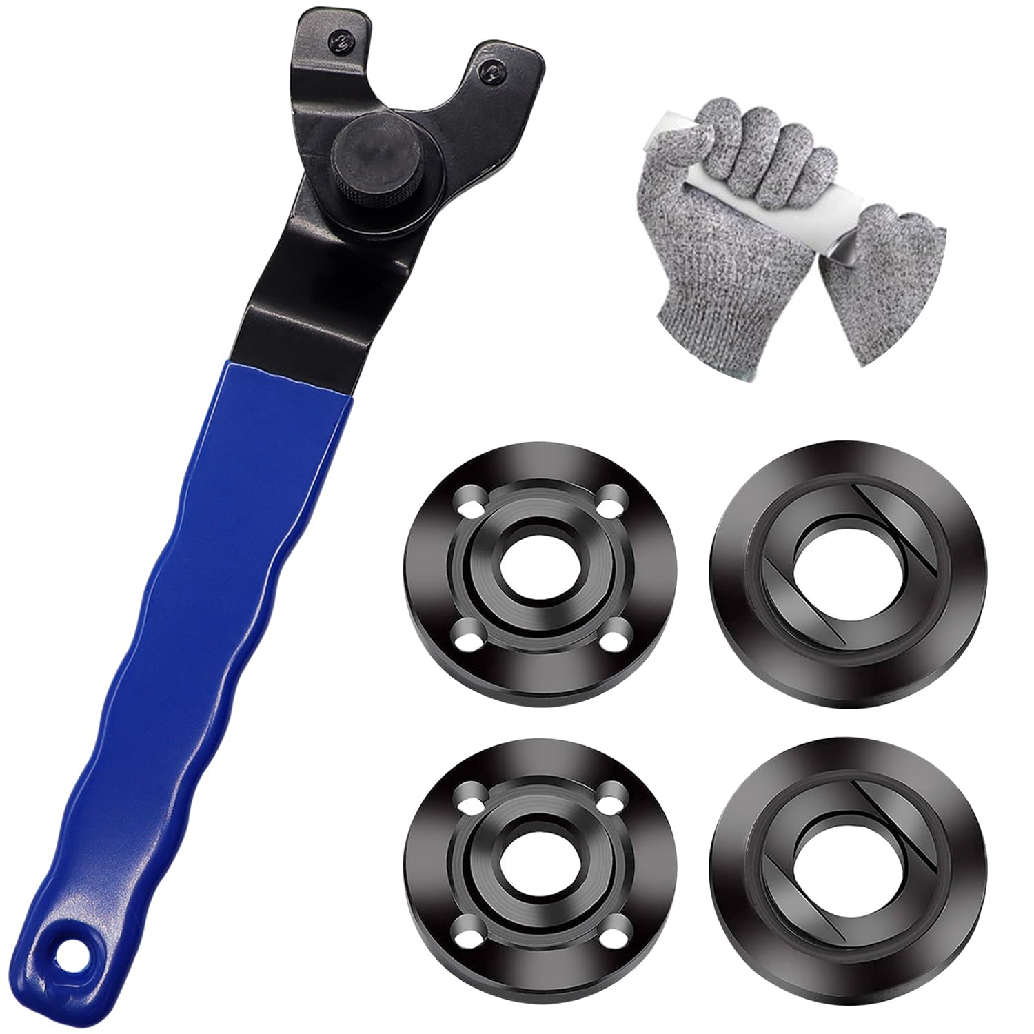 5/8-11 Grinder Wrench Set with 4PCS Shaft Nuts - Compatible with Makita, Milwaukee, Dewalt & Metabo Angle Grinders - Includes 1 Pair Safety Gloves (Q-K1-023-B) - Perfect for Metal Cutting, Concrete Grinding & DIY Workshop Projects