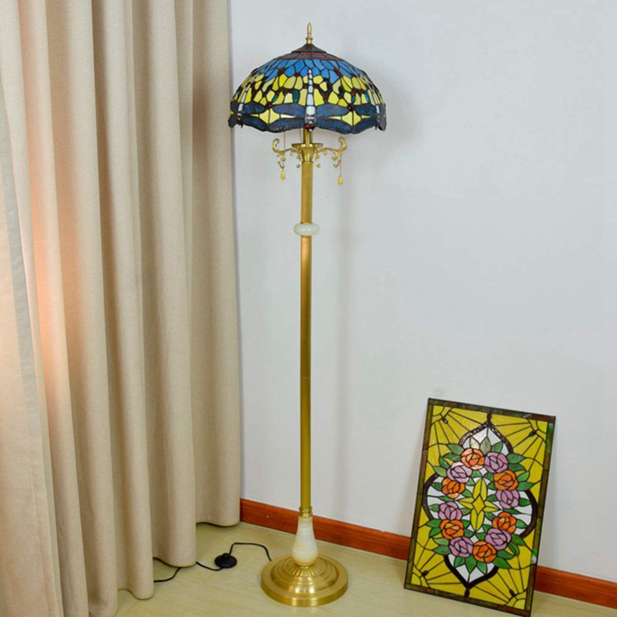 Tiffany Style Dragonfly Floor Lamp - 16 Inch Stained Glass Mediterranean Copper Standing Lamp for Living Room & Bedroom | Romantic Reading Light, Home Decor Accent Lighting for Cozy Nights