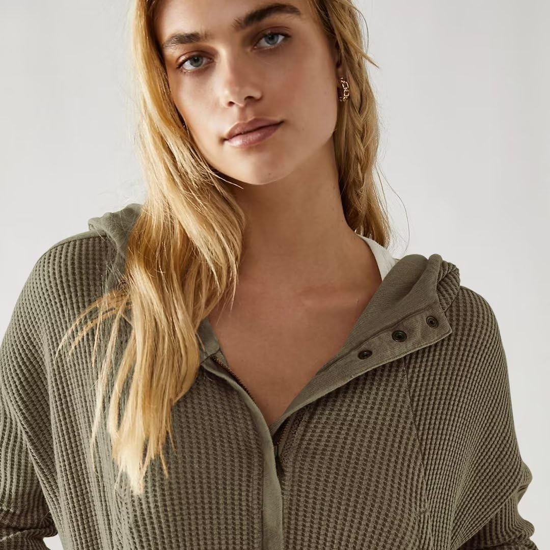 Y2K Womens Waffle Knit Hooded Sweater - Thermal Ribbed Sweatshirt with Button Details & Pockets | Cozy Casual Outerwear for Fall & Winter | Perfect for Streetwear, Layering & Coffee Dates