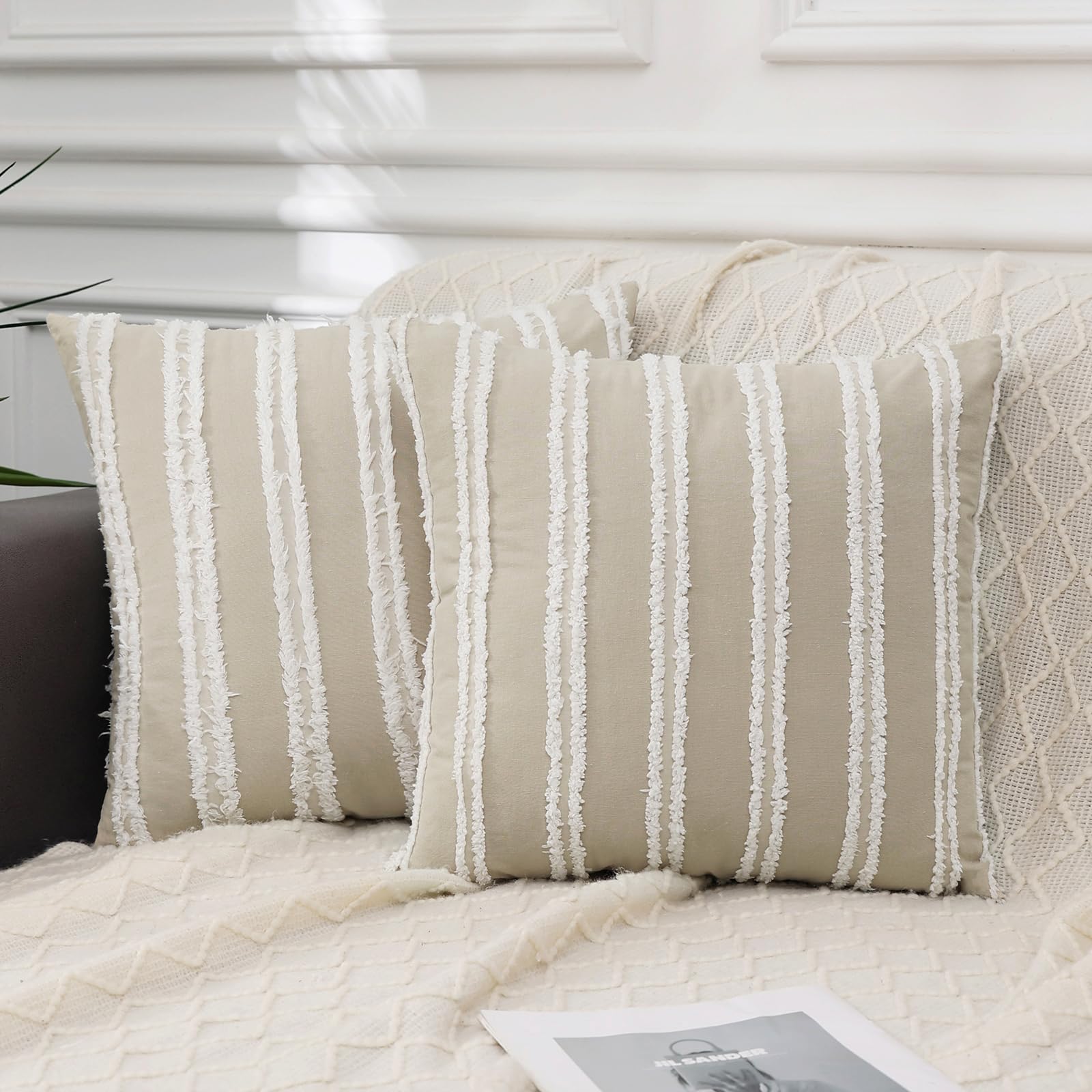 Pallene Boho Decorative Throw Pillow Covers 16x16 Set of 2 - Soft Cotton Linen Blend Cushion Covers for Sofa, Couch & Living Room in Khaki - Perfect for Home Decor, Cozy Reading Nook & Bohemian Style Bedroom
