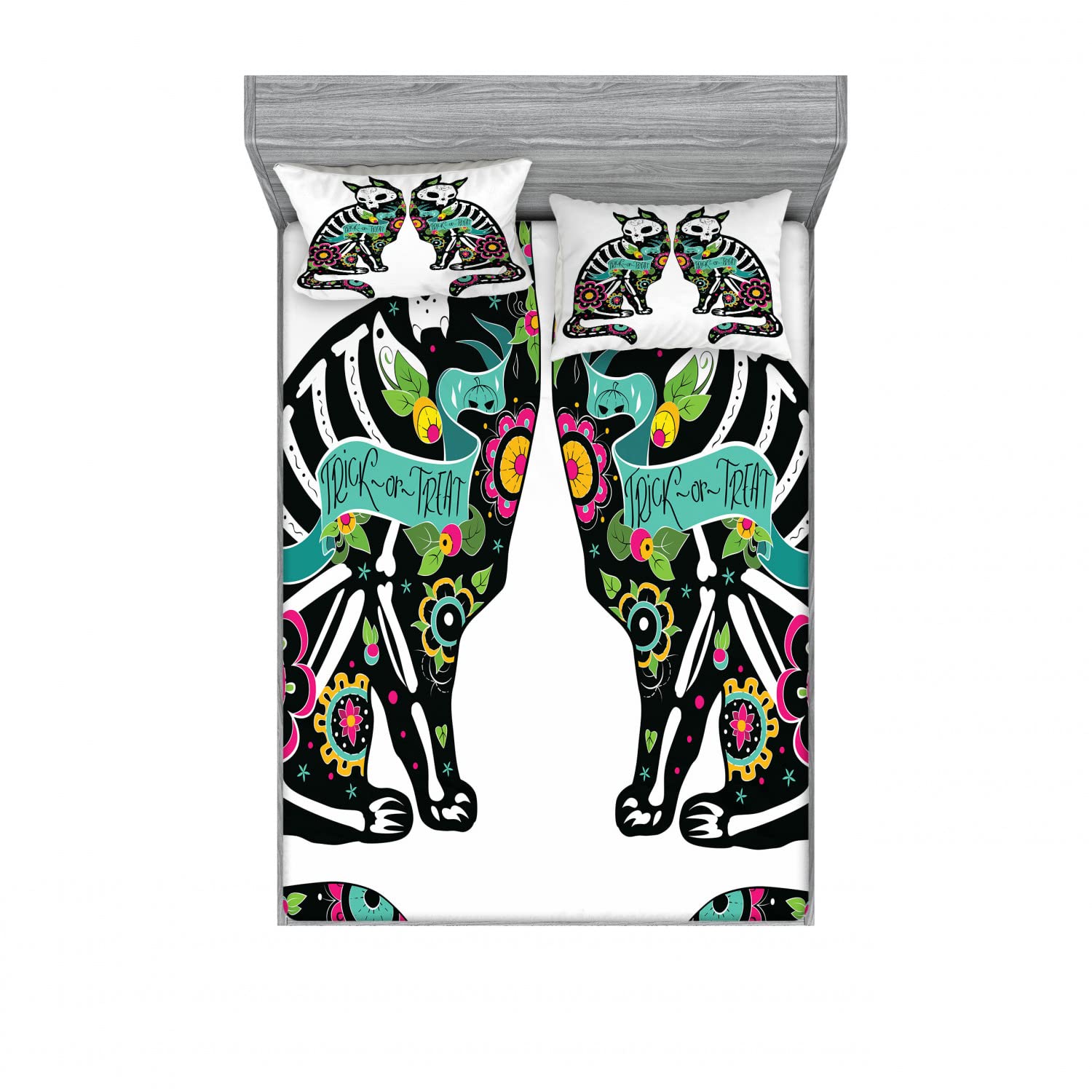 Ambesonne 2-Piece Queen Size Fitted Sheet Set with 4 Pillow Shams - Skeleton Cat Skull Pattern in Turquoise & White | Halloween Bedding Decor | Perfect for Spooky Themed Bedrooms & Gothic Home Decor