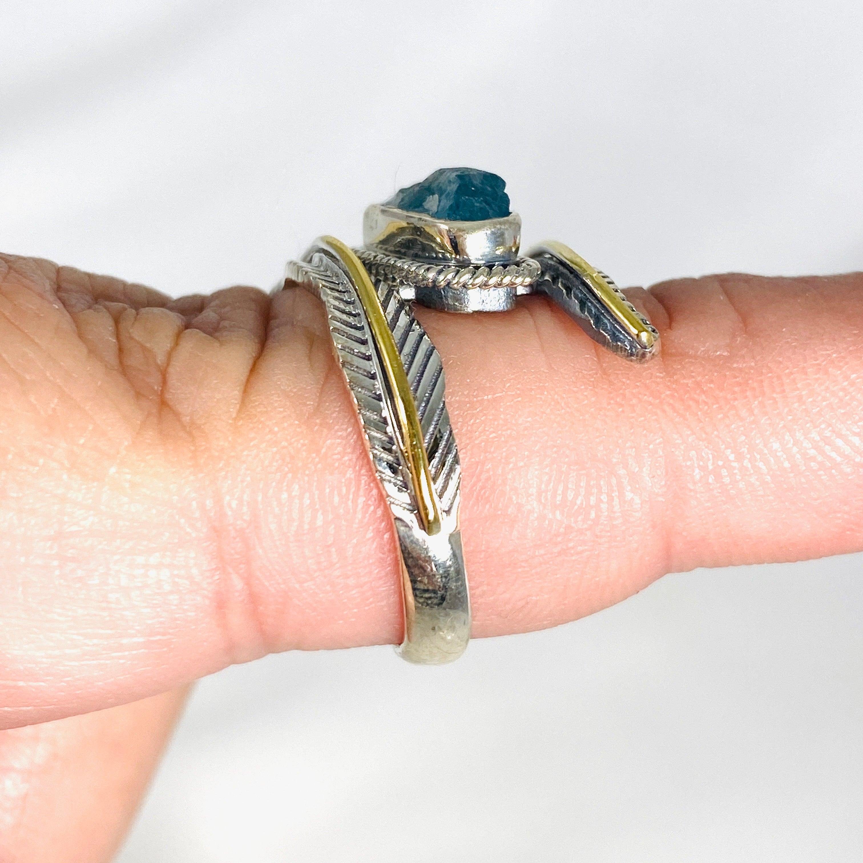 Natural Blue Apatite Leaf Design Raw Stone Ring R4224 - Handmade Boho Jewelry for Women, Nature-Inspired Healing Crystal Ring for Spiritual Energy & Chakra Balancing - Perfect for Meditation, Yoga & Everyday Wear