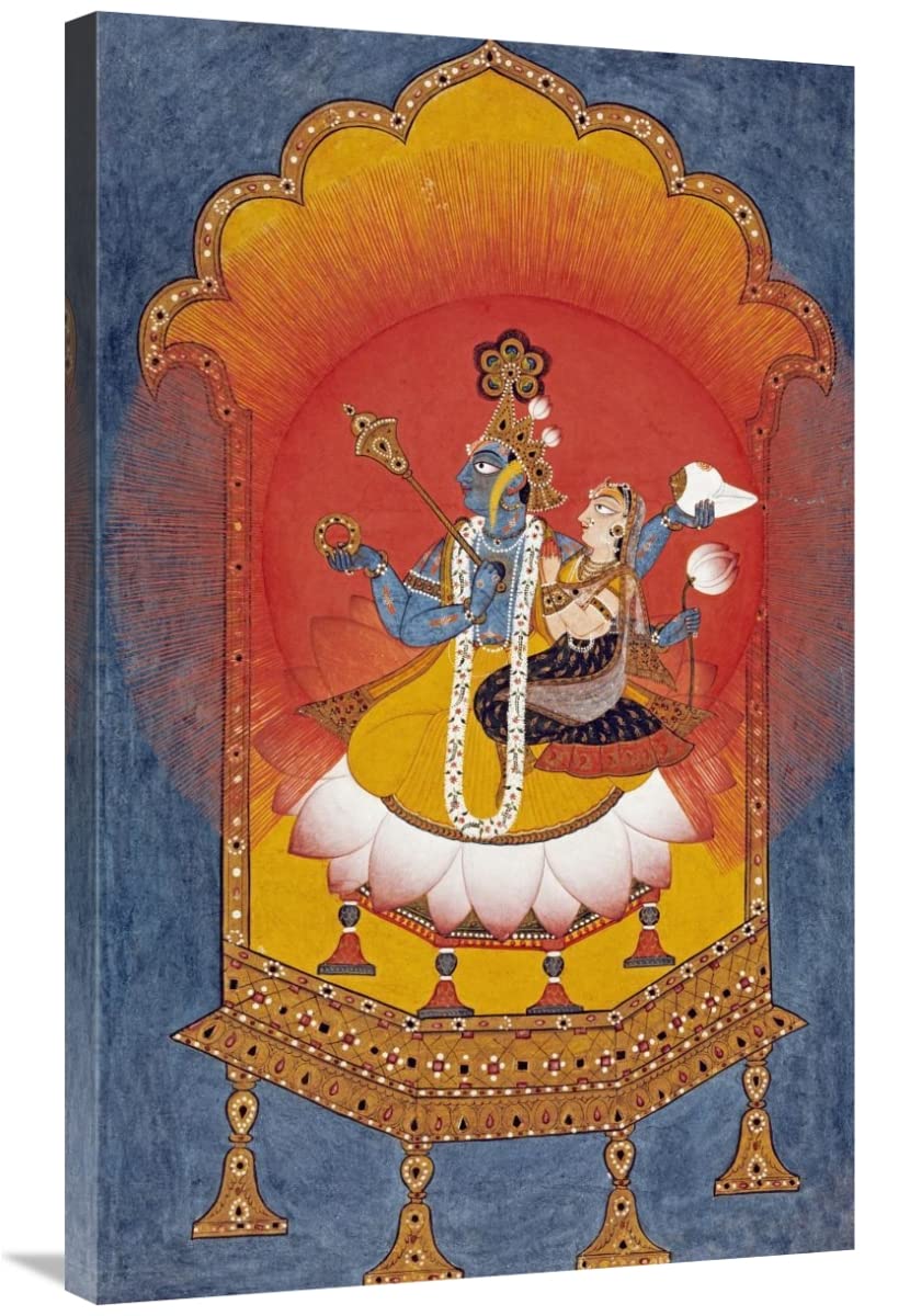 36 Inch Vishnu & Lakshmi Enthroned Art Print - Basohli School Indian Hindu Deity Wall Decor for Home Temple, Living Room, or Meditation Space