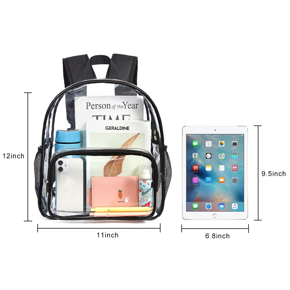 Clear Mini Backpack Stadium Approved - Waterproof Lightweight Heavy Duty Transparent Backpack for Concerts, Security Travel & Sporting Events | Perfect for Music Festivals, Airport Security & Stadium Entry (Black, Medium Size)