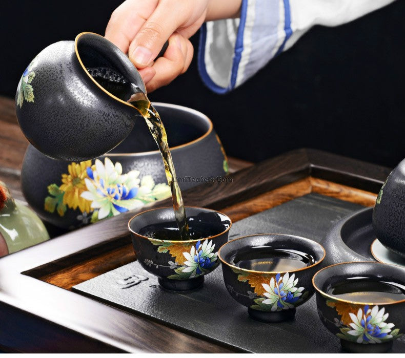 Premium Iron Tea Set with Ebony Tea Tray - Traditional Chinese Gongfu Tea Ceremony Set for Home, Office & Gift Giving