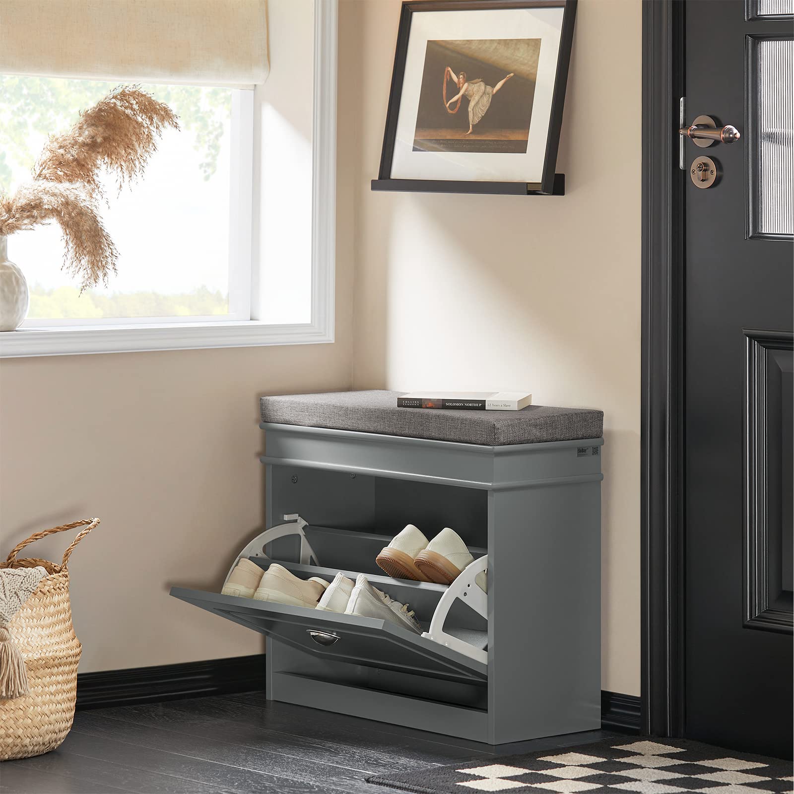 SoBuy FSR82-K-HG Shoe Cabinet with Flip-Drawer & Seat Cushion - Grey Hallway Shoe Bench, Shoe Rack & Storage Organizer - Perfect for Entryway, Mudroom, or Bedroom Closet Organization