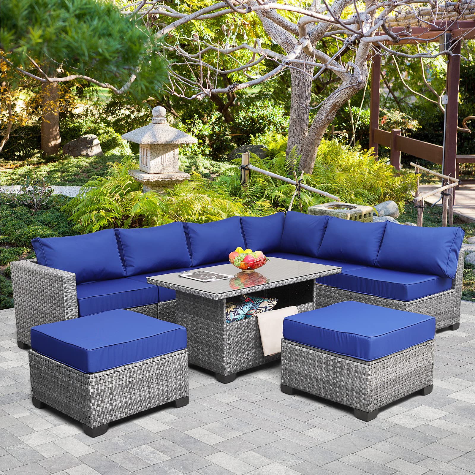 Outdoor Patio 9-Piece Rattan Sectional Sofa Set with Glass Top Storage Table - Silver Gray PE Wicker & Royal Blue Cushions (Includes Free Furniture Cover) - Perfect for Backyard, Poolside, and Garden Conversations