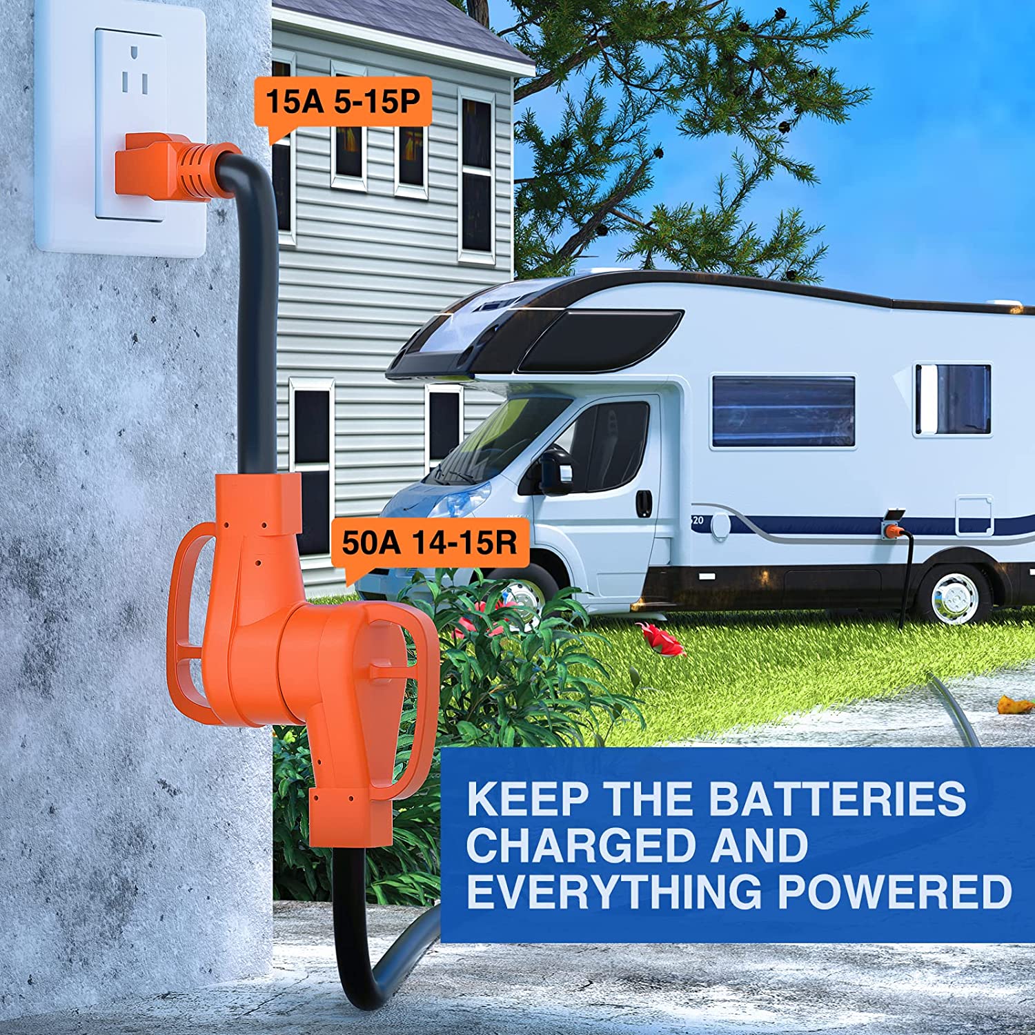15AMP to 50AMP RV Power Adapter Cord - Heavy Duty 50A Male to 15A Female Converter for RV Camping & Outdoor Power Supply