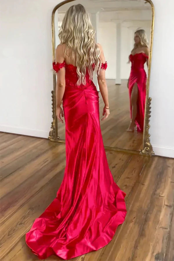 Elegant Red Corset Prom Dress - Satin Off-the-Shoulder Mermaid Gown with Appliques for Homecoming, Evening Party & Special Occasions