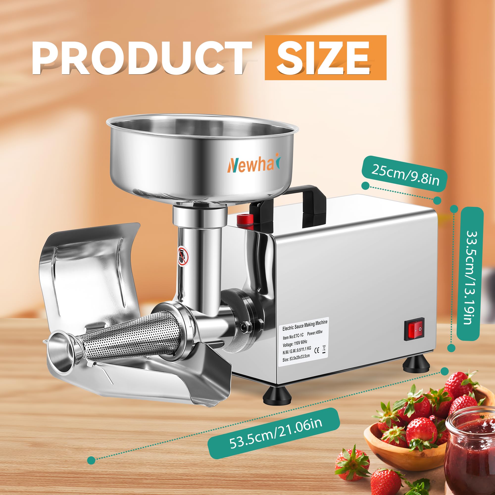 Newhai 450W Electric Tomato Strainer - Professional Grade Kitchen Tool for Making Sauces, Purees & Juices - Perfect for Home Canning, Italian Cooking & Restaurant Use