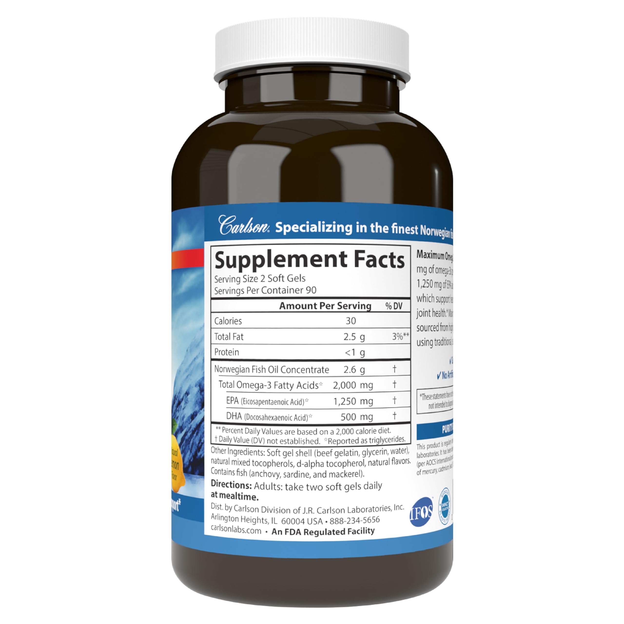 Carlson Maximum Omega 2000 - 2000mg Wild-Caught Norwegian Fish Oil Softgels with EPA & DHA, Sustainably Sourced Lemon Flavored Omega-3 Supplement (180 Count) for Heart, Brain & Joint Health Support