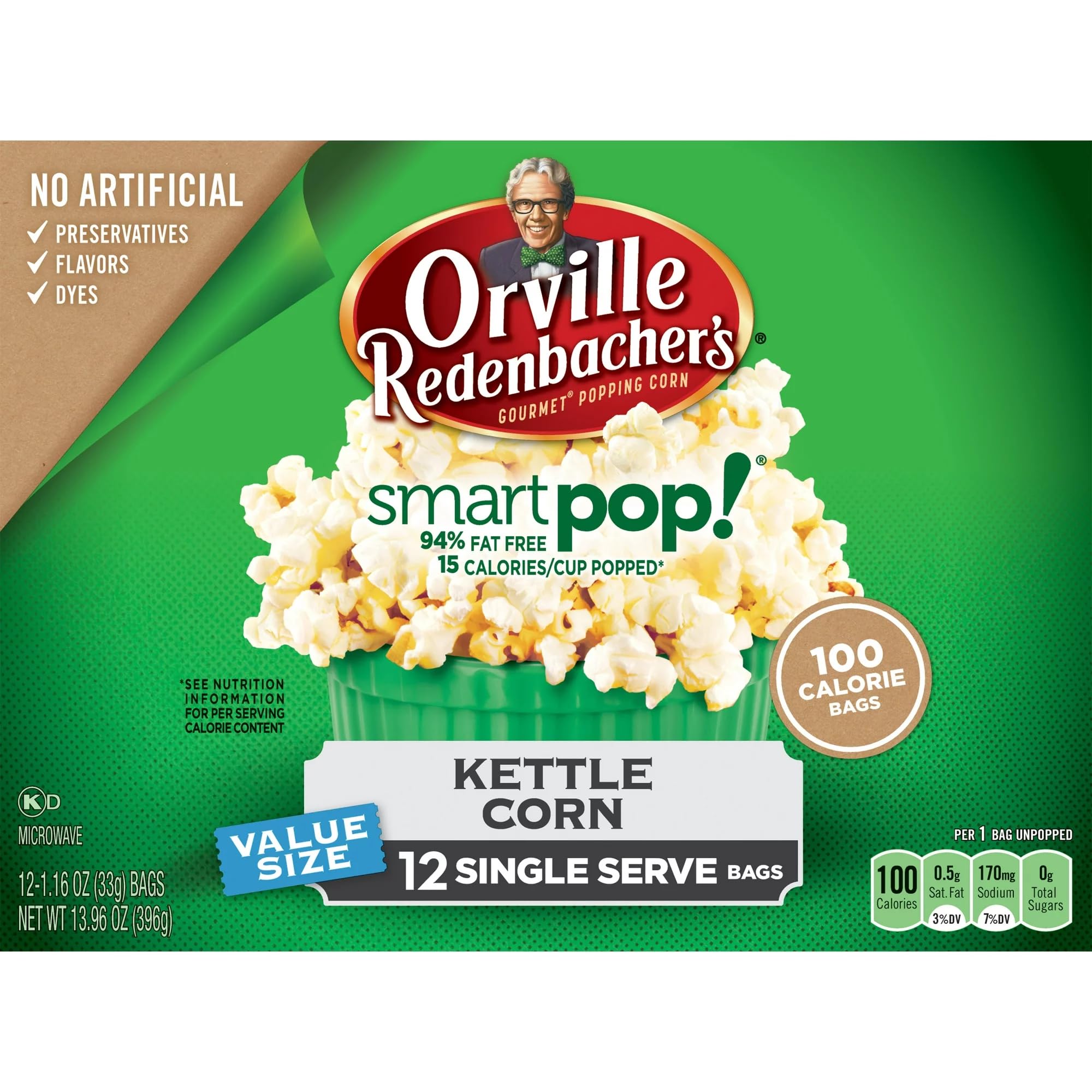 Orville Redenbacher SmartPop! Kettle Corn Popcorn - 12 Mini Bags Bundle with Reusable Snack Pouch & Kitchen Hack Card - Healthy Microwave Popcorn Snacks for Movie Nights, Office Breakroom & School Lunches