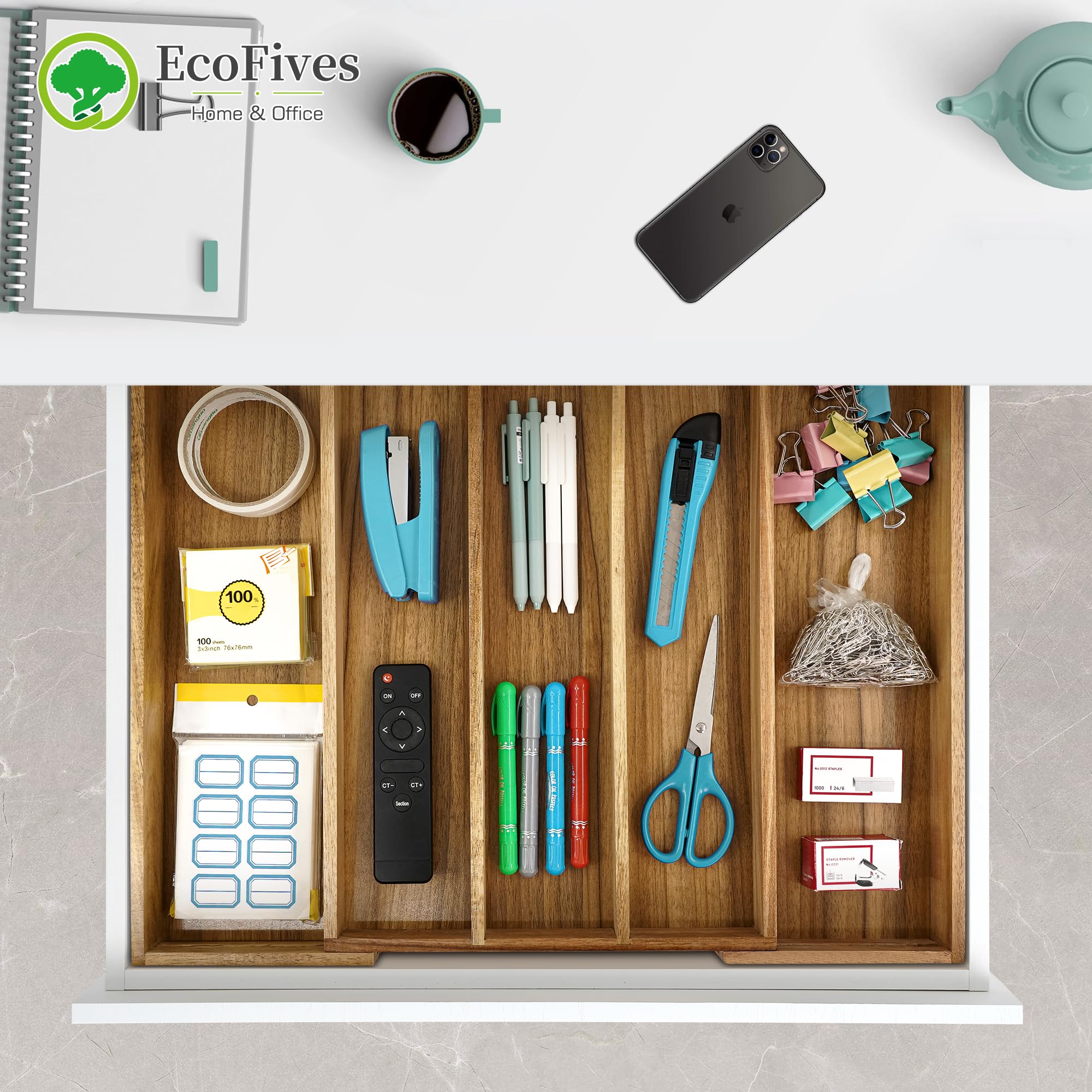 Premium Acacia Wood Silverware Organizer - 5-Slot Kitchen Drawer Organizer for Utensils & Flatware with Adjustable Grooved Dividers | Perfect for Dining Room Storage & Kitchen Organization