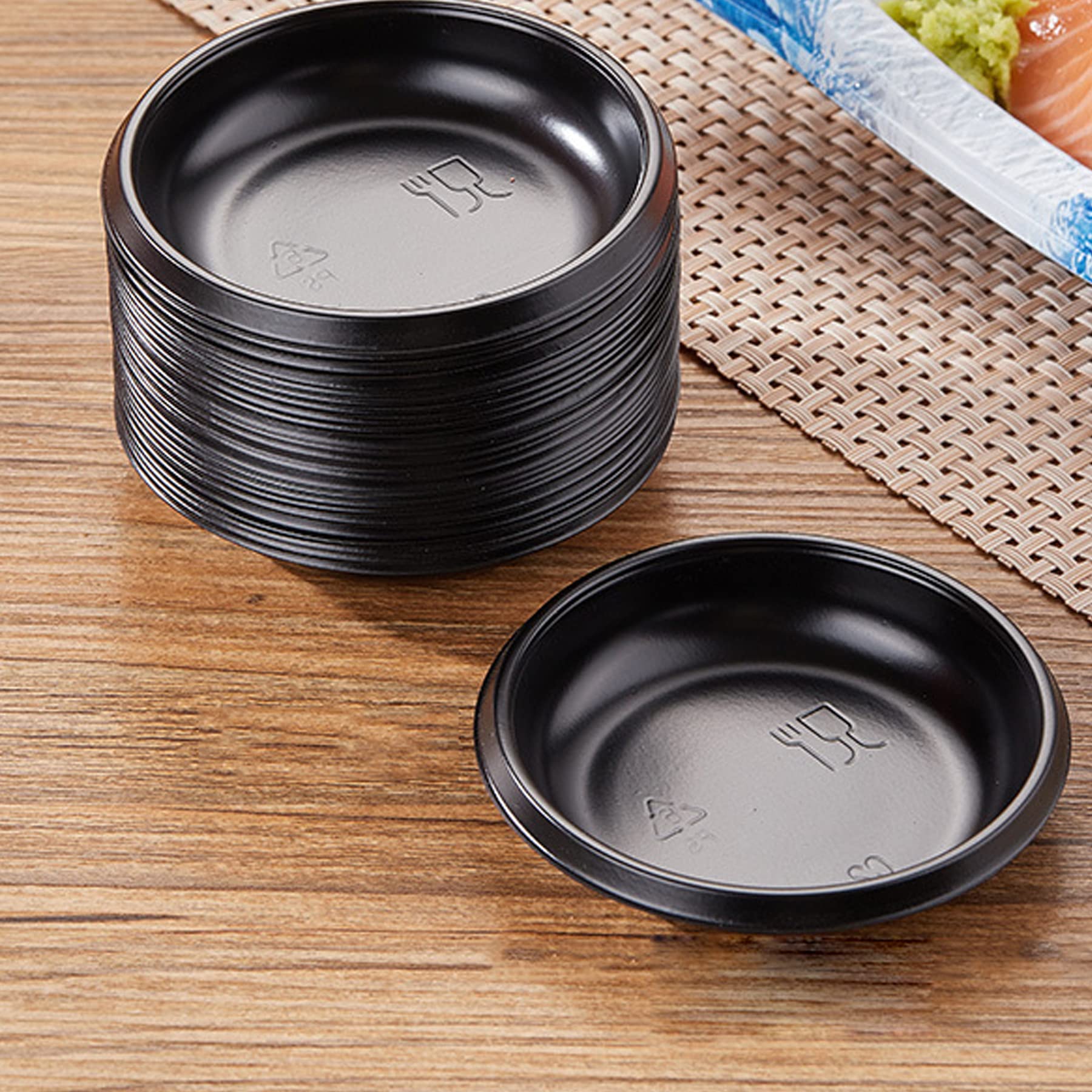 QJFCare 100Pcs Black Round Disposable Sauce Dishes - Mini Dipping Plates for Dessert, Soy Sauce, Soup & Seasoning | Perfect for Home, Restaurants, Parties & Catering Events