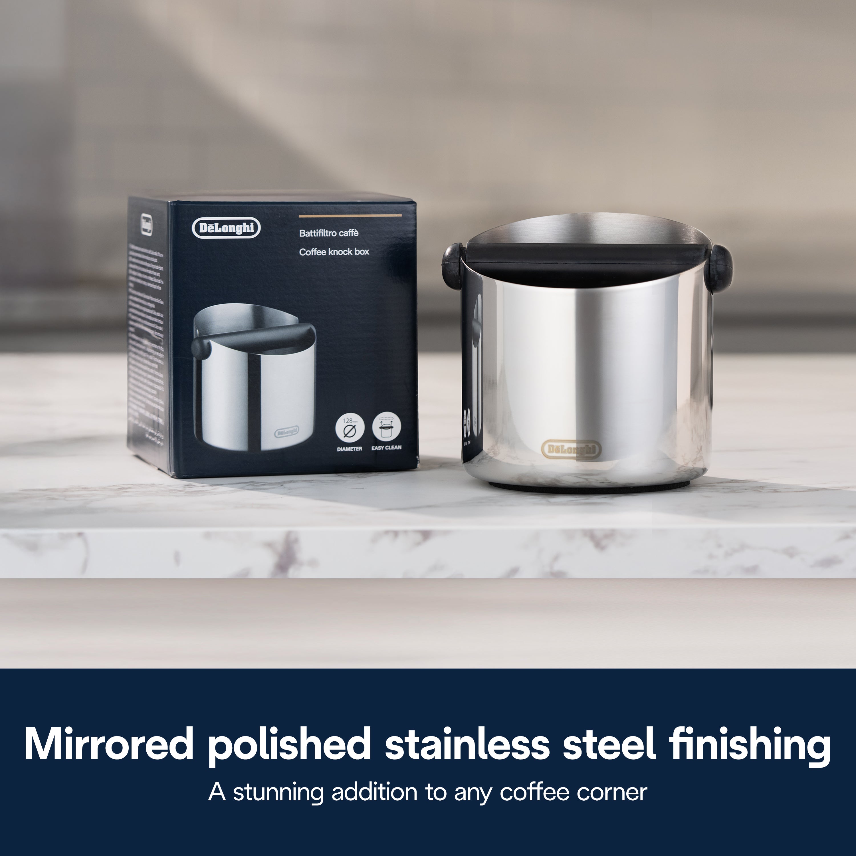 DeLonghi Stainless Steel Knock Box for Espresso Grounds - Perfect for Coffee Shops, Home Baristas & Espresso Lovers