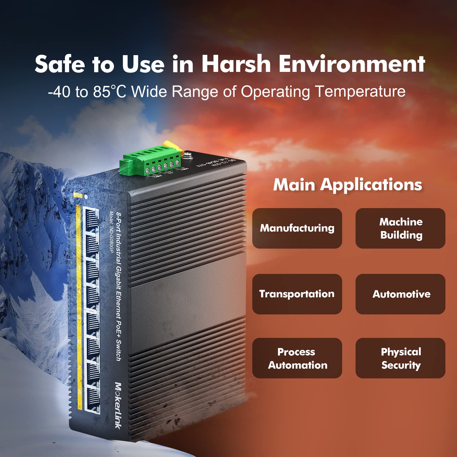 MokerLink 8 Port PoE Gigabit Industrial DIN-Rail Ethernet Switch | 96W PoE+ Power | 16Gbps Switching Capacity | IP40 Rated Unmanaged Network Switch | Wide Temperature Range (-40°F to 185°F) | Includes Power Supply | Ideal for Industrial Automation, Security Systems & Harsh Environments