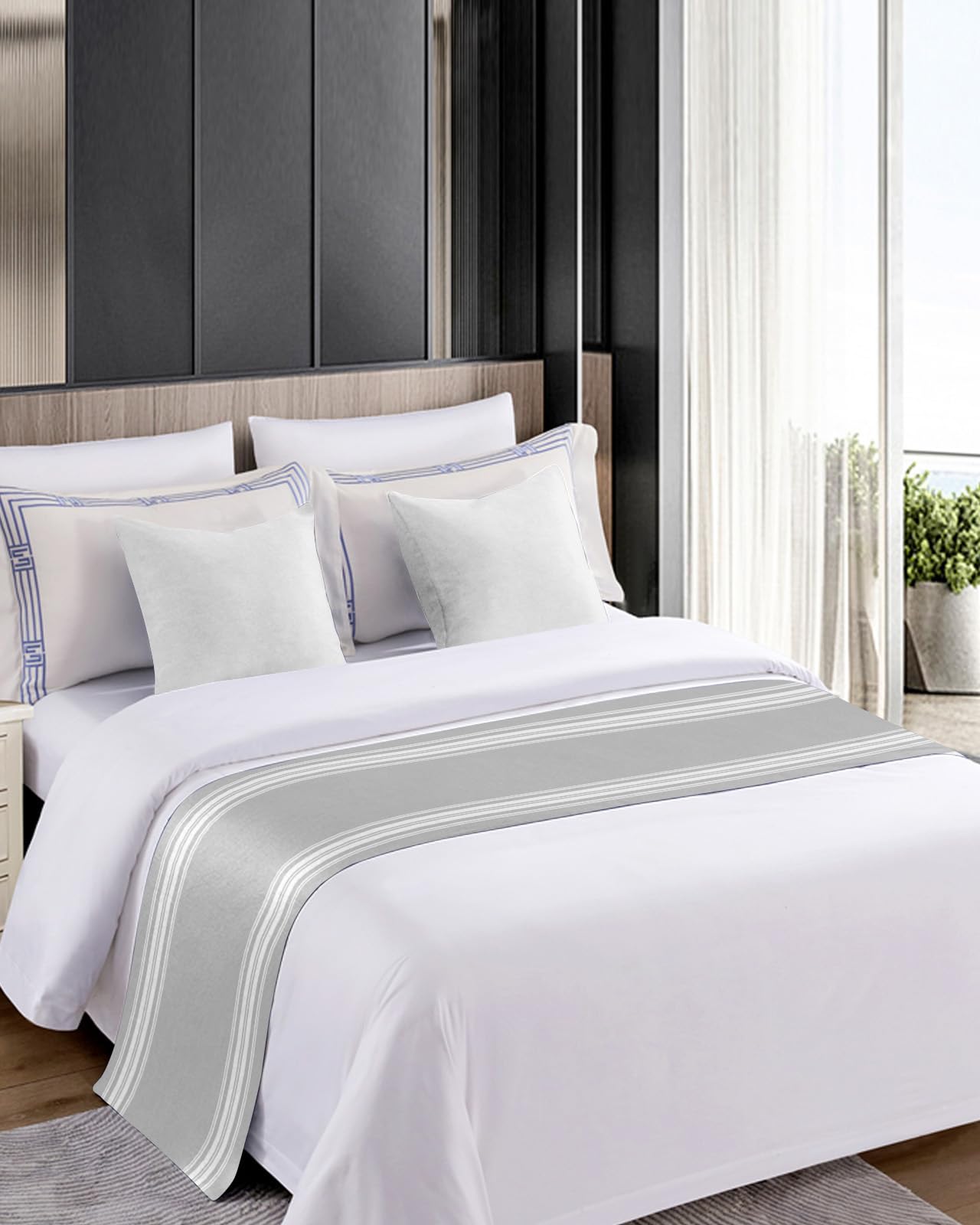 Luxury Grey Striped Bed Runner for Queen Size Bed - 83 x 20 Inch Modern Abstract Art Bed Scarf Throw - Soft Foot of Bed Cover for Hotel & Home Decor - Perfect for Guest Rooms, Master Bedrooms & Airbnb Styling
