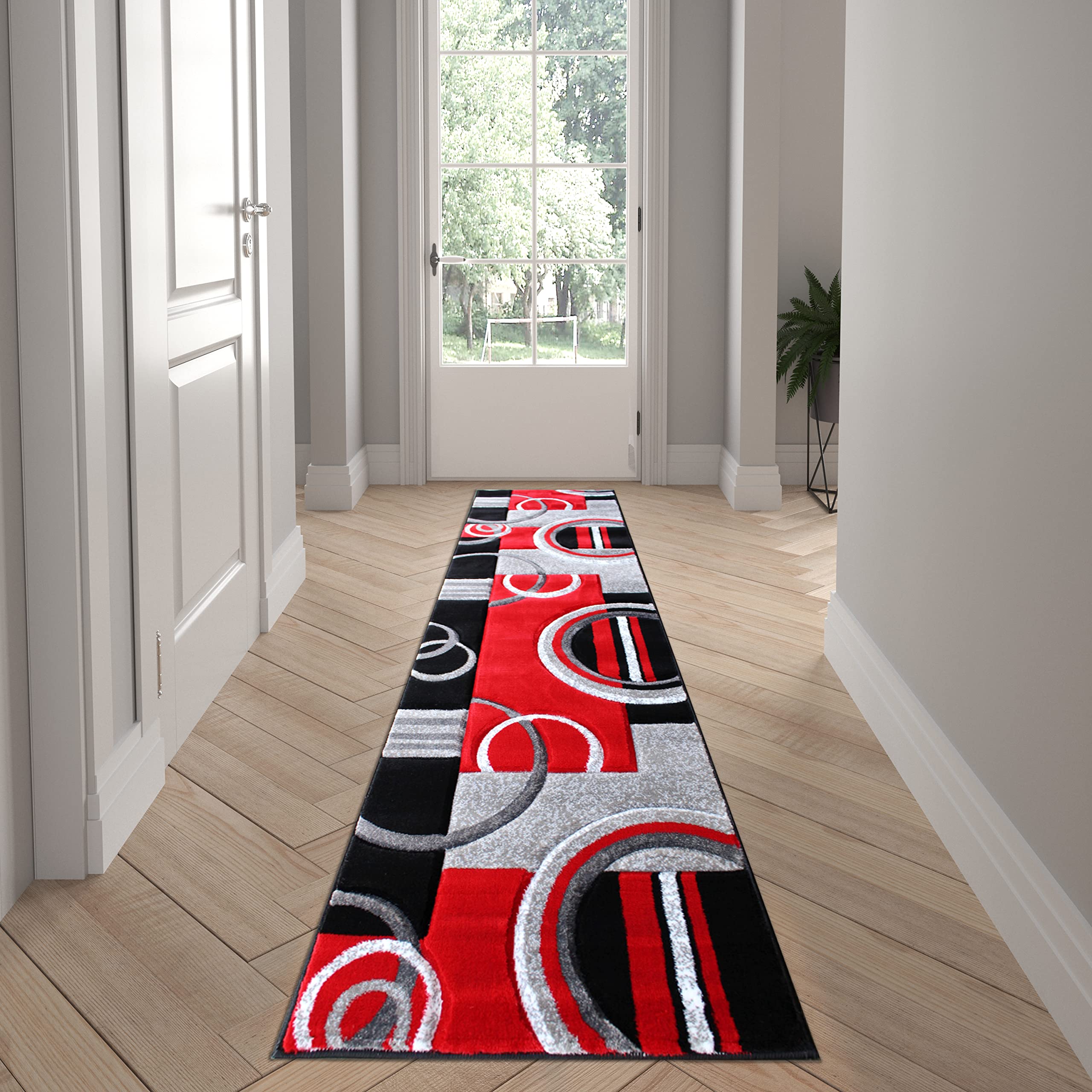 EMMA + OLIVER Modern Geometric Red Accent Rug 2x7 ft - 3D Sculpted Design with Jute Backing - Stain & Moisture Resistant - Easy to Clean - Perfect for Living Room, Bedroom or Office Decor