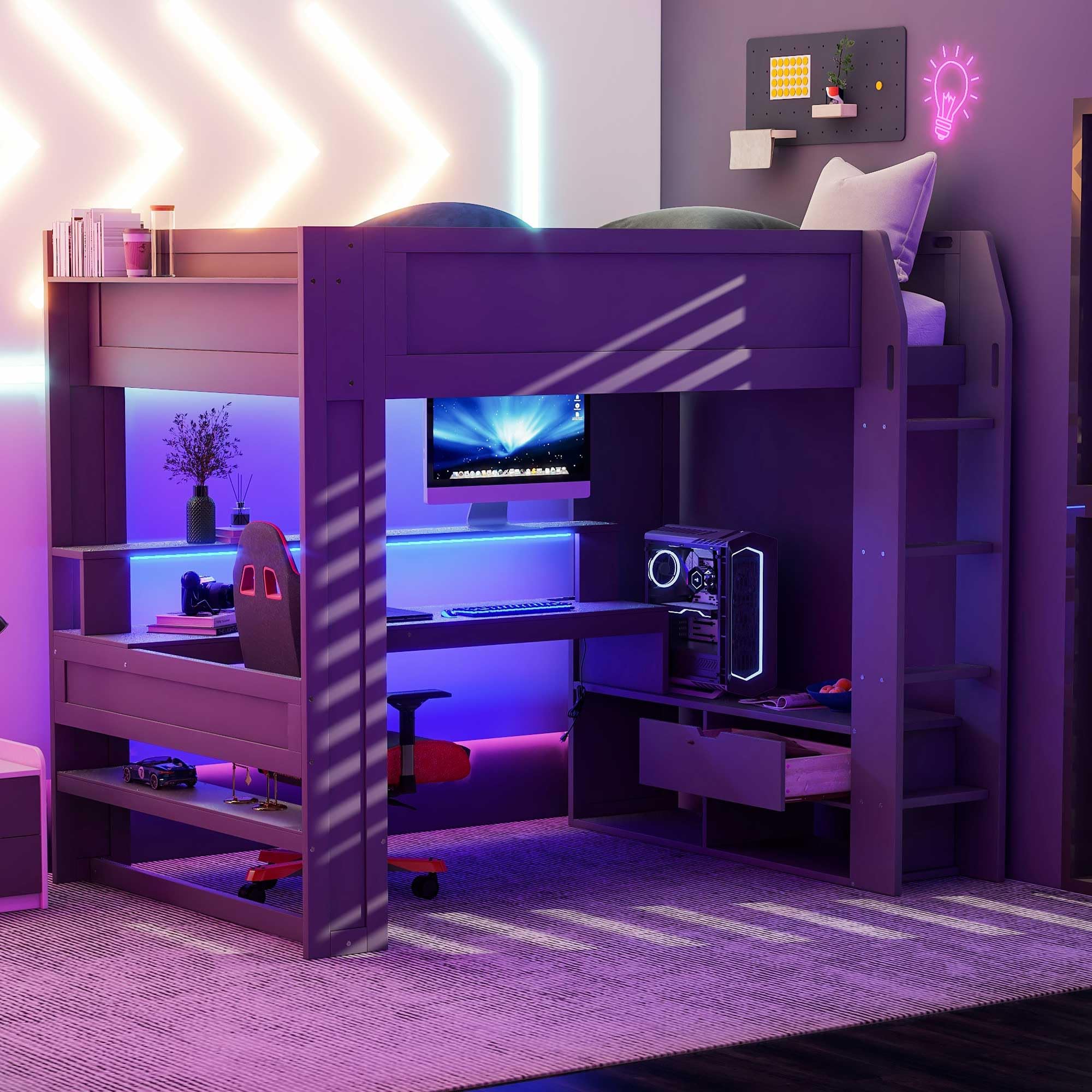 Harper & Bright Designs Full Size Loft Bed with Built-in Desk, Shelves, LED Lights & USB Charging Ports - Space-Saving Wooden Bed Frame for Kids, Teens & Adults (Dark Gray) - Perfect for Small Bedrooms, Dorms & Studio Apartments
