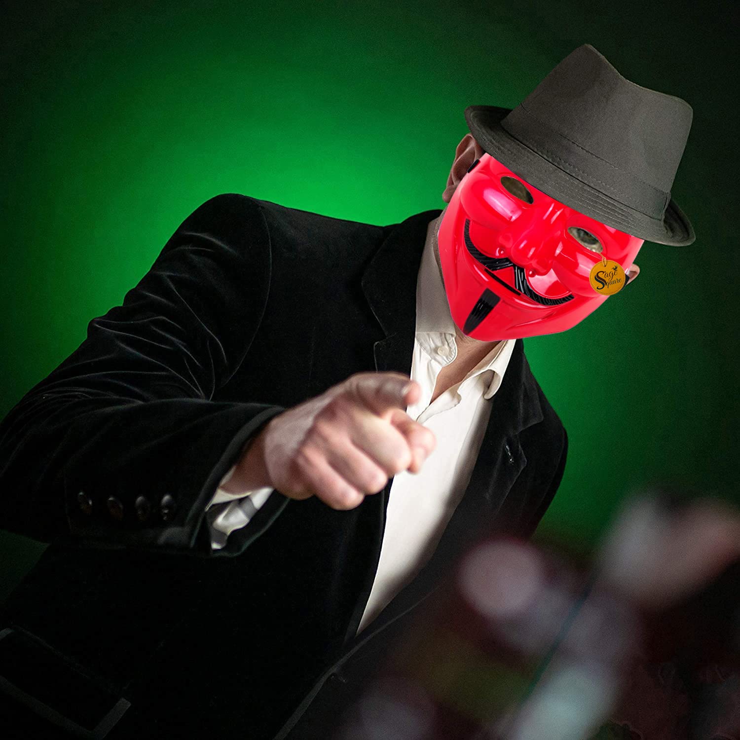 V for Vendetta Cosplay Mask - Sage Square Red Vendetta Fawkes Mask (Anonymous VIP Edition) | Perfect Fit for Halloween, Protests & Movie Costumes