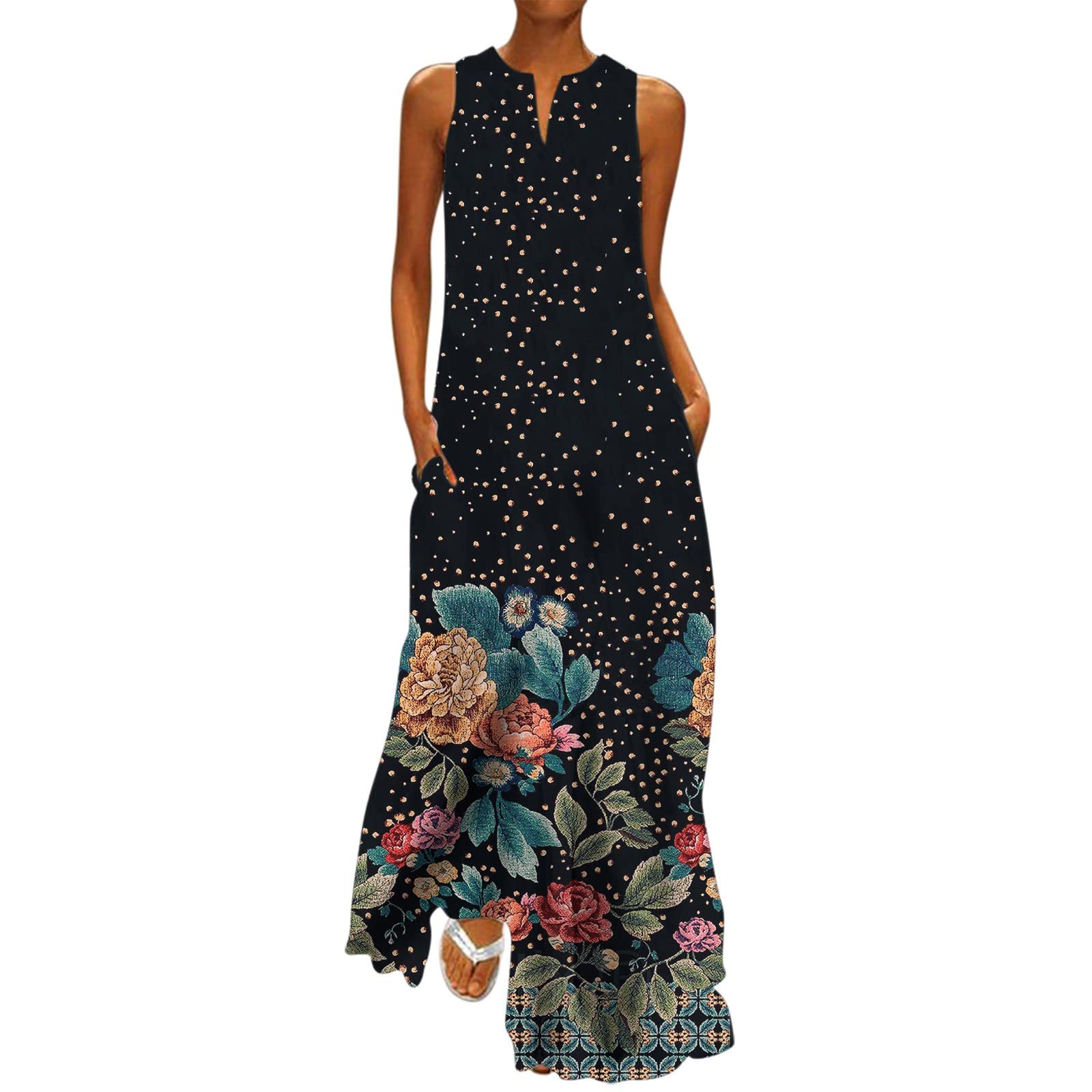 iQKA Women's Summer Sleeveless V-Neck Maxi Dress - Bohemian Floral Print Beach Sundress with Pockets | Casual Wear, Vacation Outfit, Beach Cover Up, Pool Party Dress